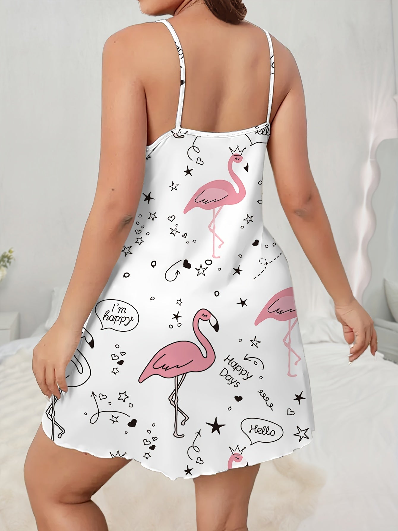 Ayollar uchun kattaroq o'lchamdagi flamingo bosimli bezsiz kechqurun kiyimi, rufflesiz yengil uyqu kiyimi