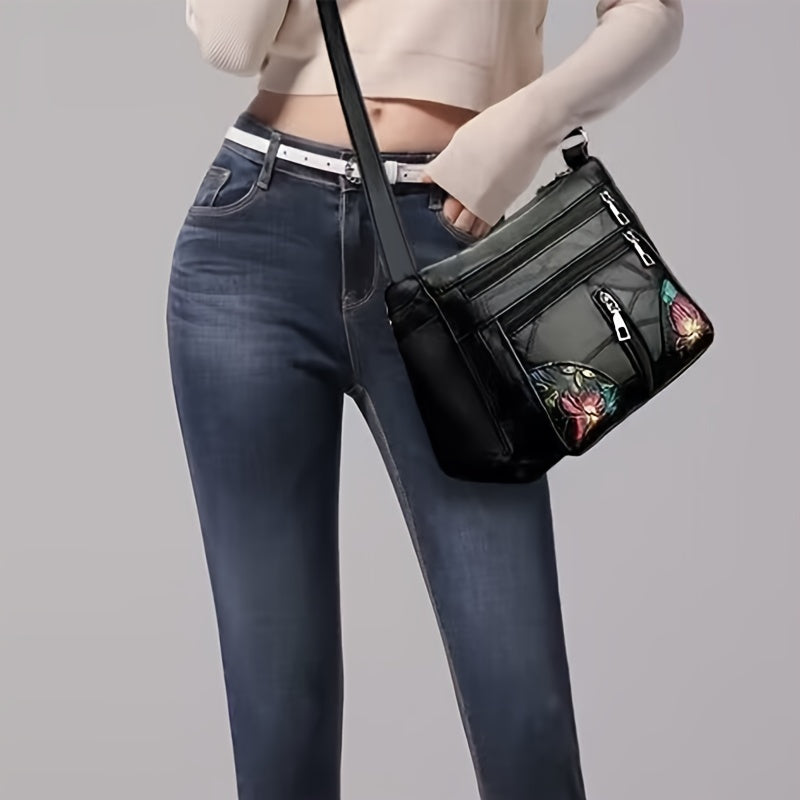 Black Crossbody Bag for Women with Adjustable Strap Floral Stitching Multiple Compartments