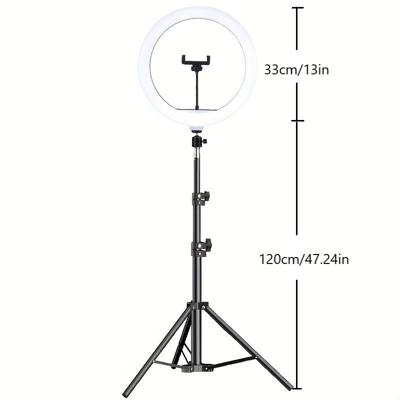13 dyuymli LED halqa chiroqi jonli efir, fotografiya, video konferensiya uchun portativ, USB bilan quvvatlanadigan, sozlanadigan balandlik