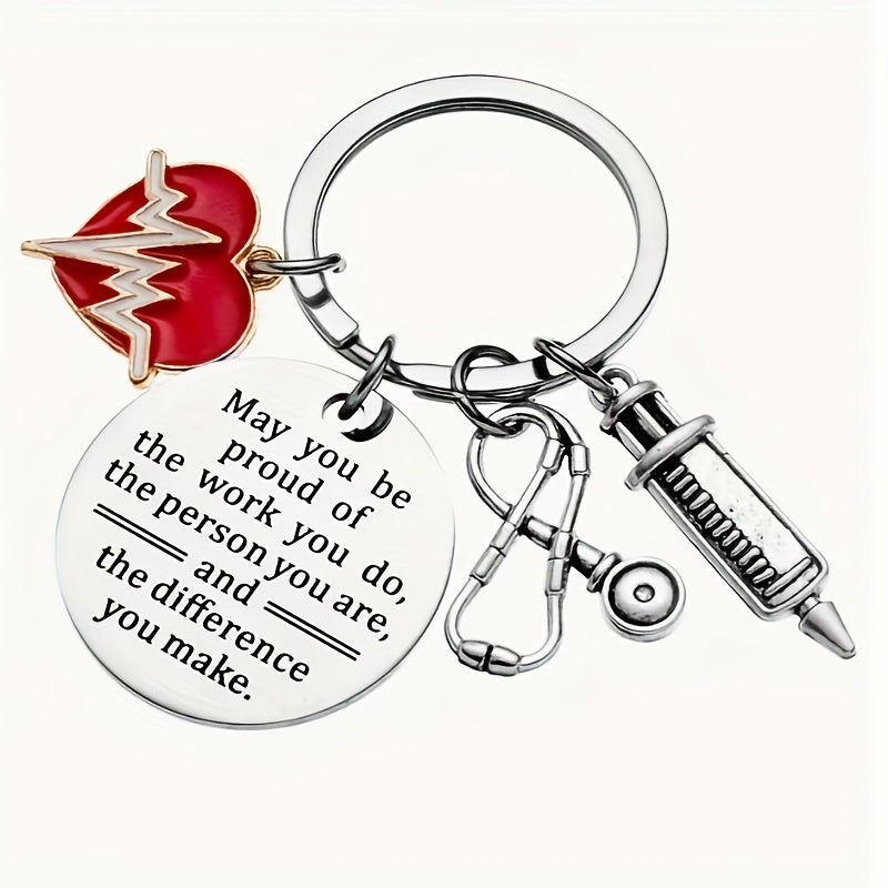 Juego de 12 llaveros de acero inoxidable para agradecer a enfermeros con dijes de latido de ECG, jeringa y estetoscopio