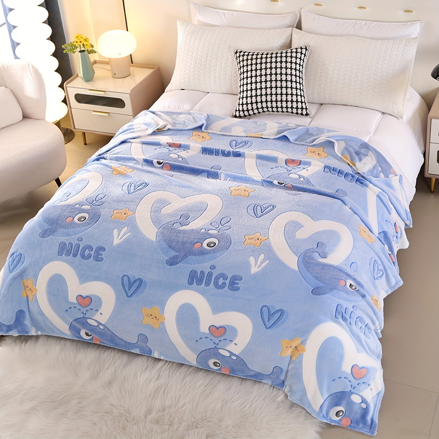 Cartoon Print Flannel Blanket for Kids and Adults Cozy Soft Warm Bed Couch Use