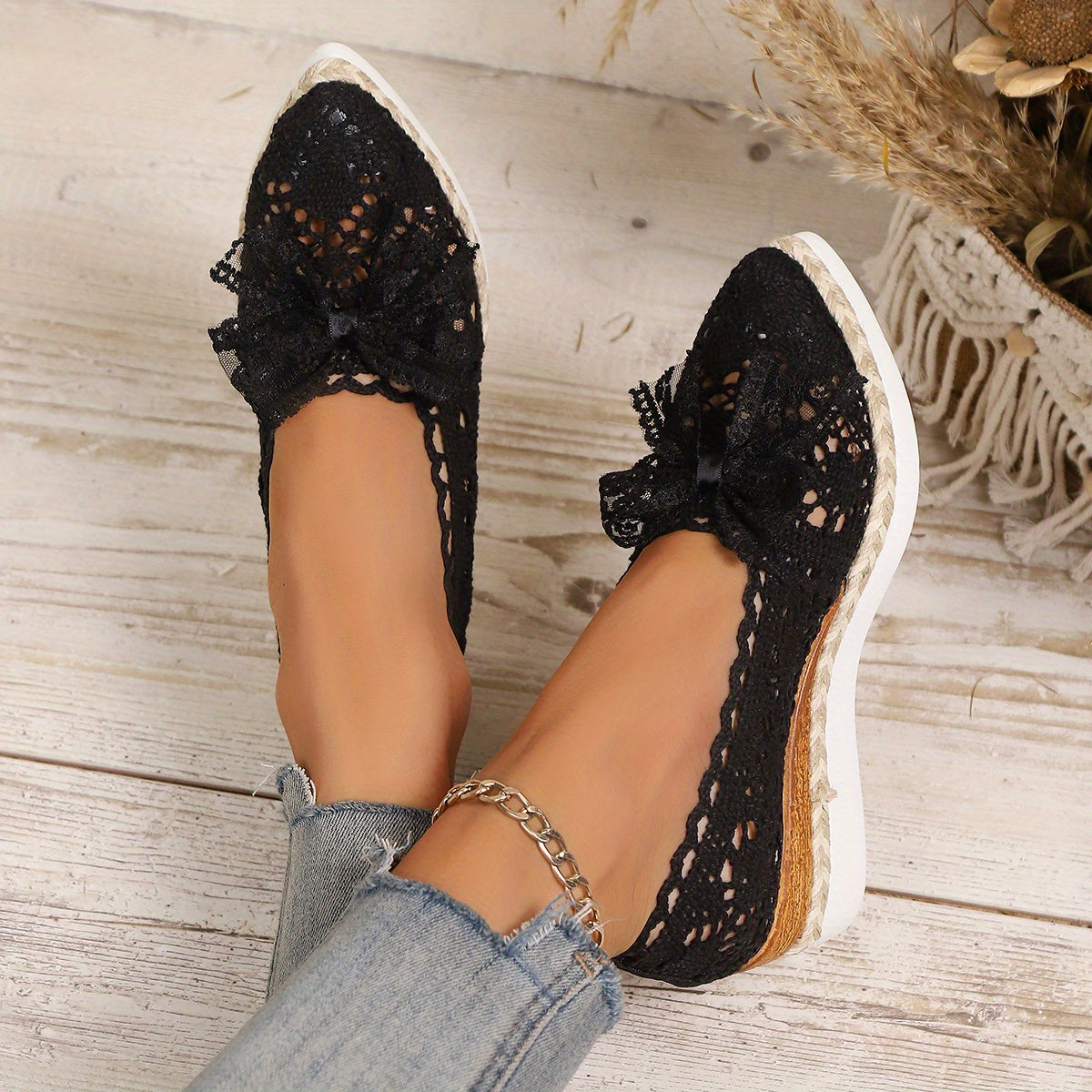 Women's Pointed Toe Espadrille Wedge Shoes with Bow Black Fabric Platform