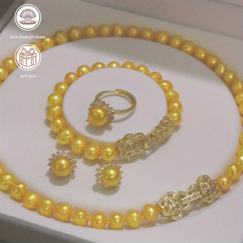 Gold Tone Jewelry Set with Pearl Necklace Bracelet Earrings and Ring