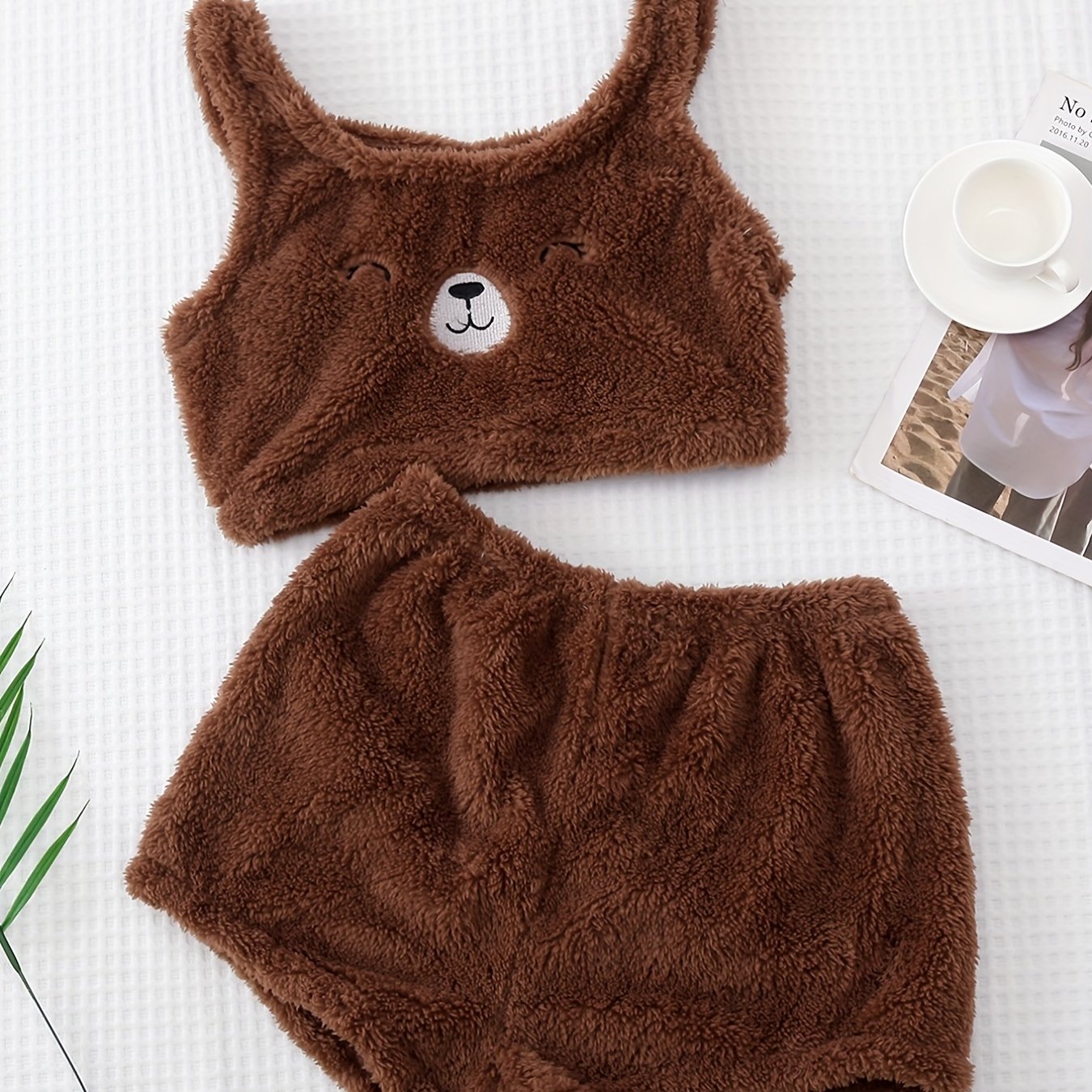 Women's Fuzzy Bear Vest Pajama Set Winter Micro Elastic Polyester Knit