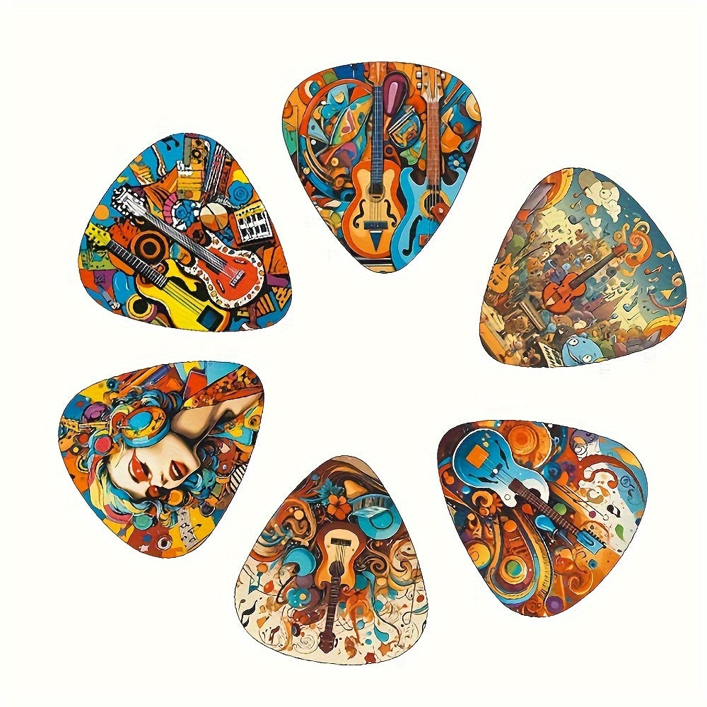 12-Piece Guitar Picks Set with Painted Cartoon Music Theme Designs