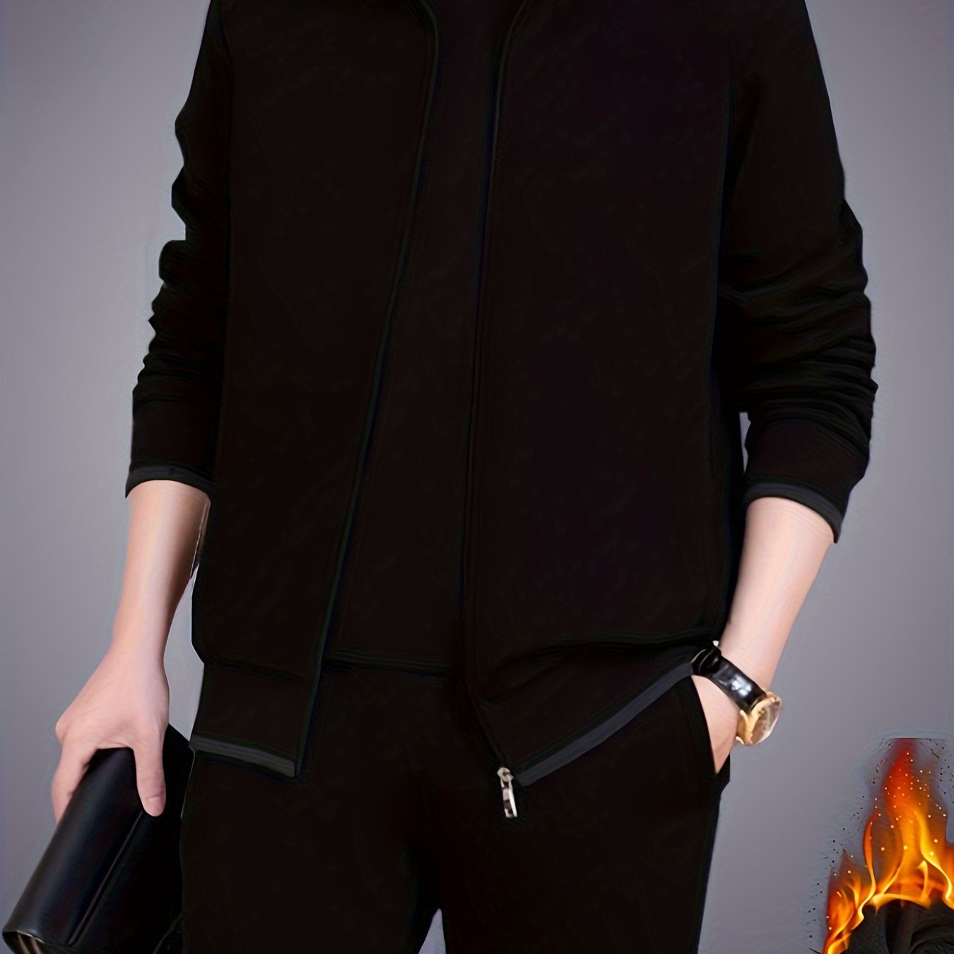 Men's Knit Tracksuit Set Solid Color Polyester Blend Autumn Winter Stretch Fit Zip Closure