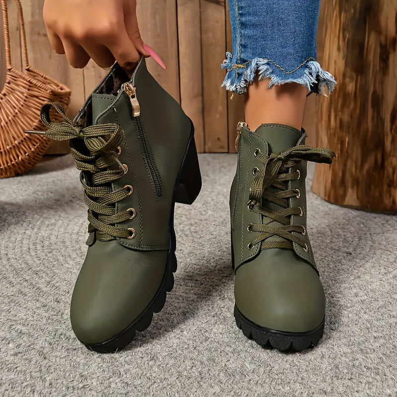 Женские ботинки на щиколотке с искусственной кожей, шнуровкой, массивным каблуком и резиновой подошвой