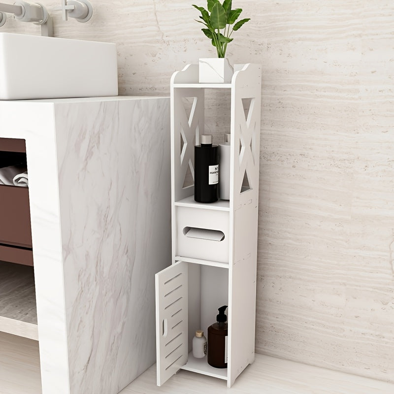 White Bathroom Storage Cabinet with Doors Shelves and Paper Holder