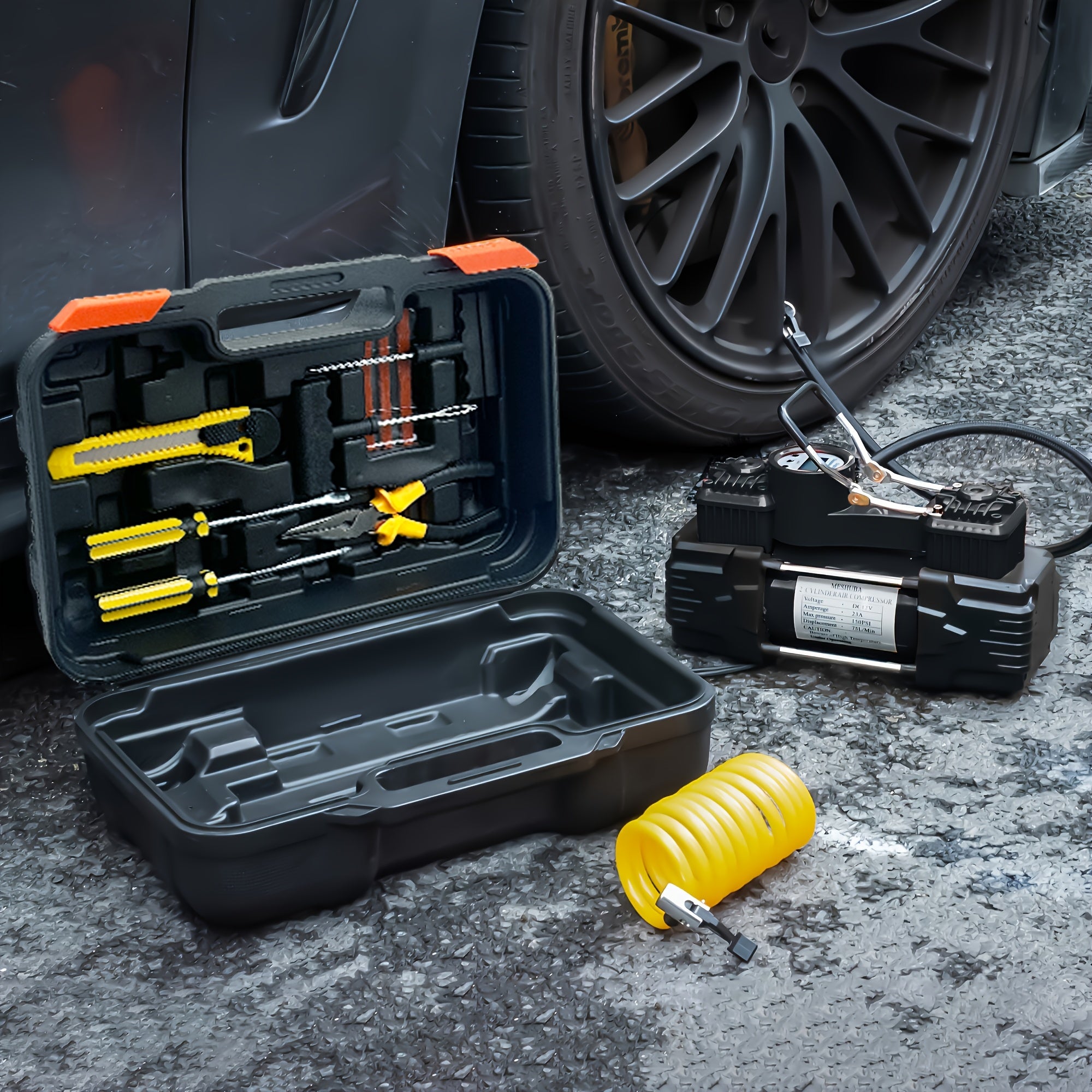 Twin Cylinder Portable Air Compressor with Digital Gauge and LED Light 12V 150 PSI