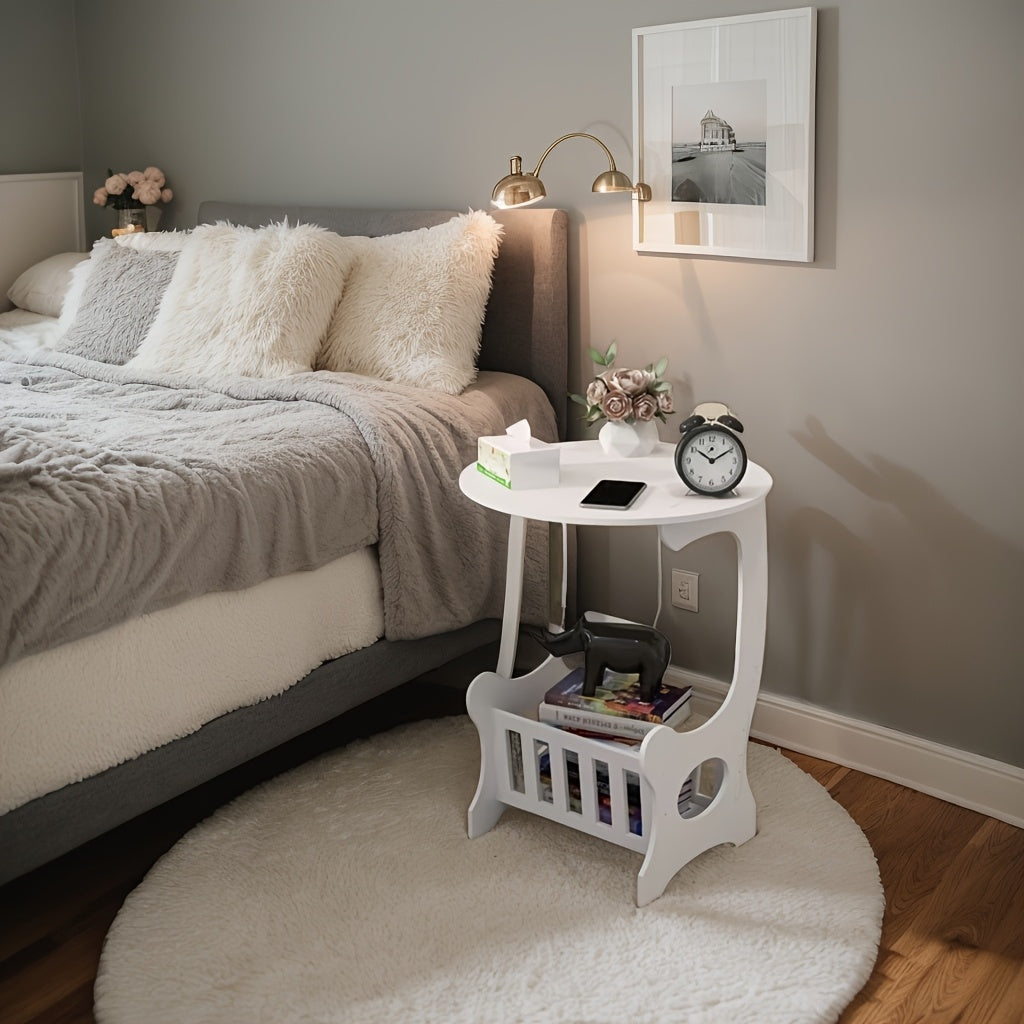 White Wooden Mini Round Side Table with Storage Shelf for Small Spaces
