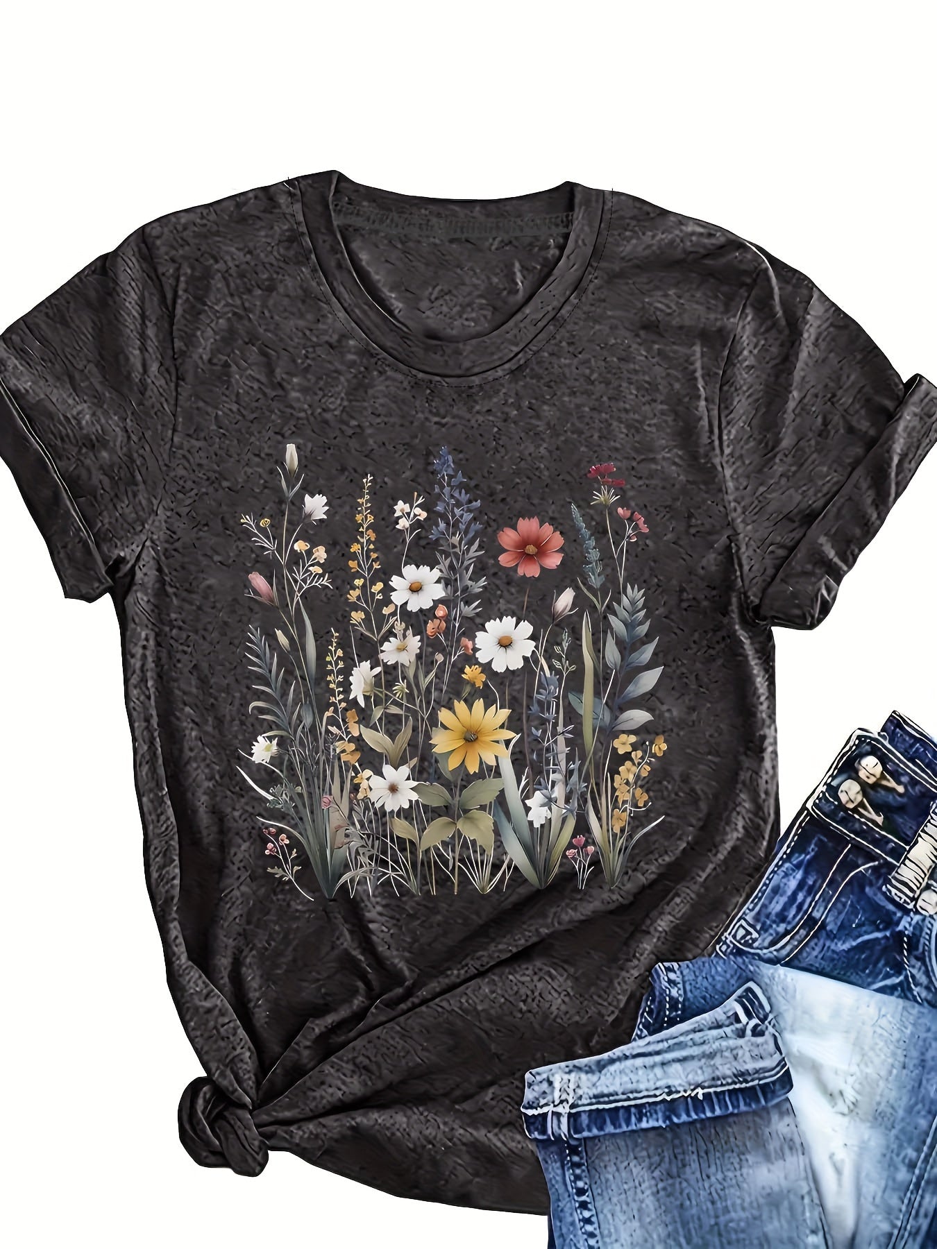 Women's Summer Floral Print Crew Neck T-Shirt Polyester Knit Short Sleeve Casual