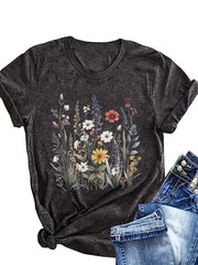 Women's Summer Floral Print Crew Neck T-Shirt Polyester Knit Short Sleeve Casual