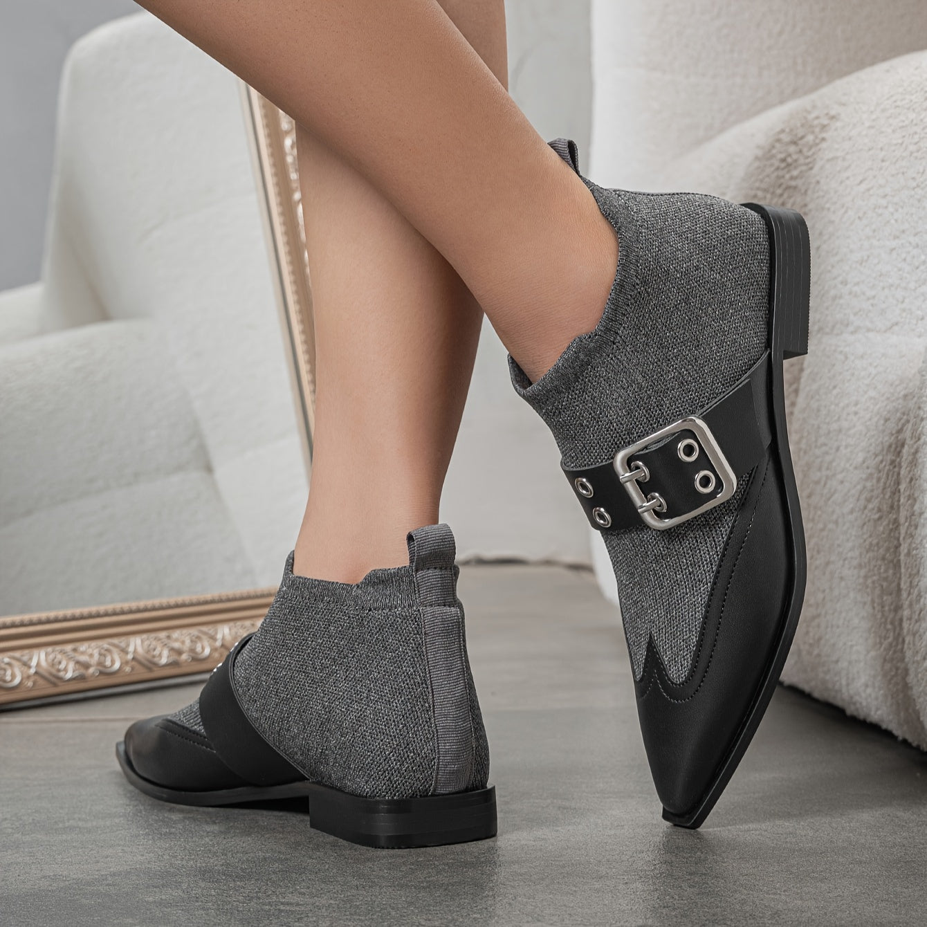 Women's Stretch Slip-On Ankle Booties with Buckle Flat Heel Pointed Toe