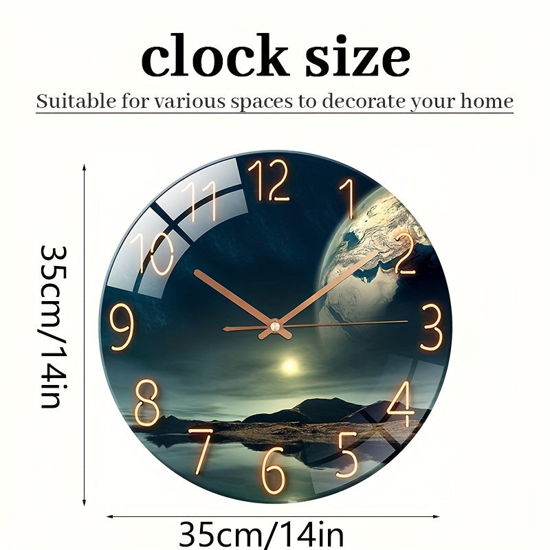 12" Беззвучные стеклянные настенные часы с дизайном земного пейзажа - Работают от батареек, Отлично подходят для декора гостиной и спальни, Идеальный подарок на праздники и дни рождения.
