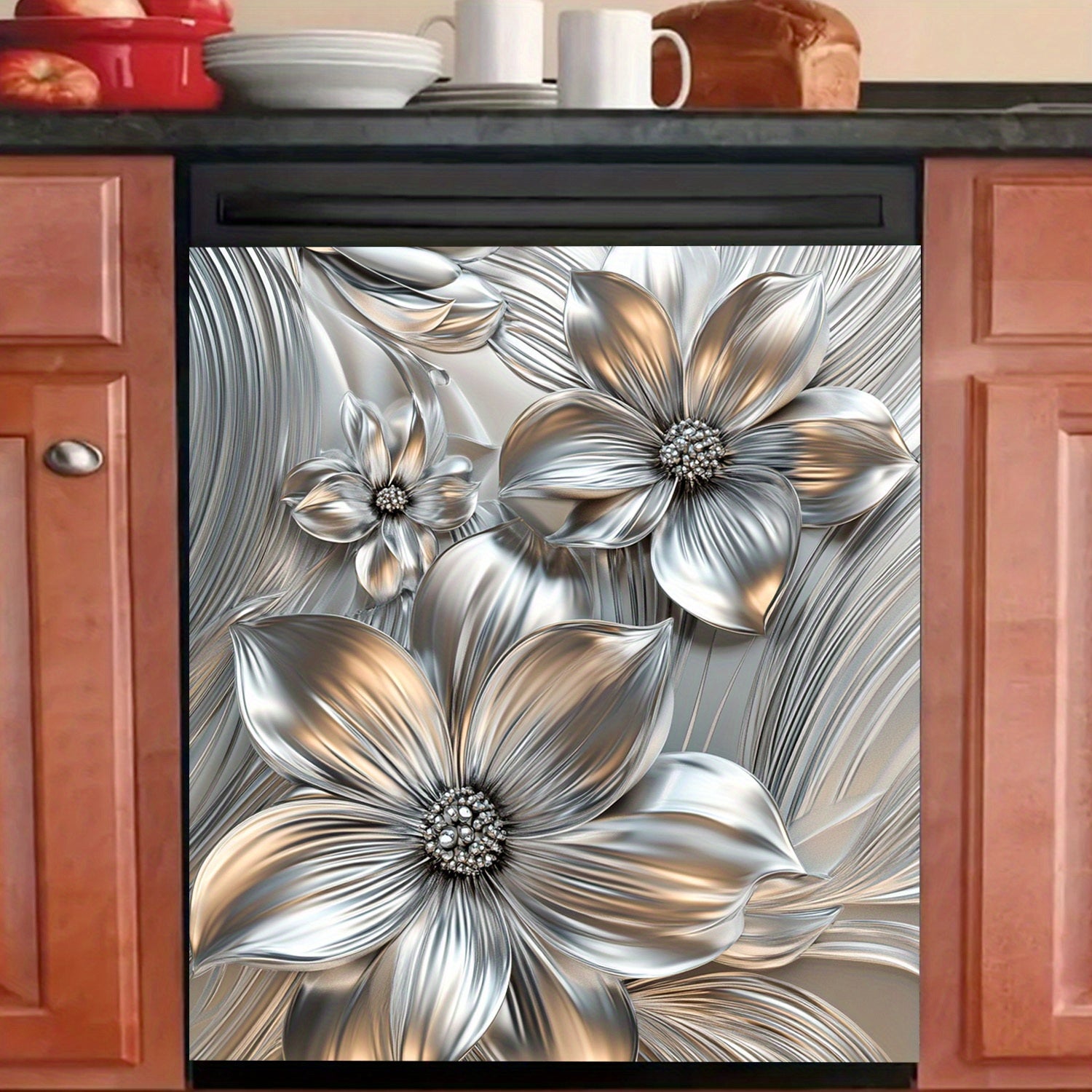Dishwasher Magnet Cover Silver Floral Waterproof Heat-Resistant Easy to Clean Kitchen Decor Sticker