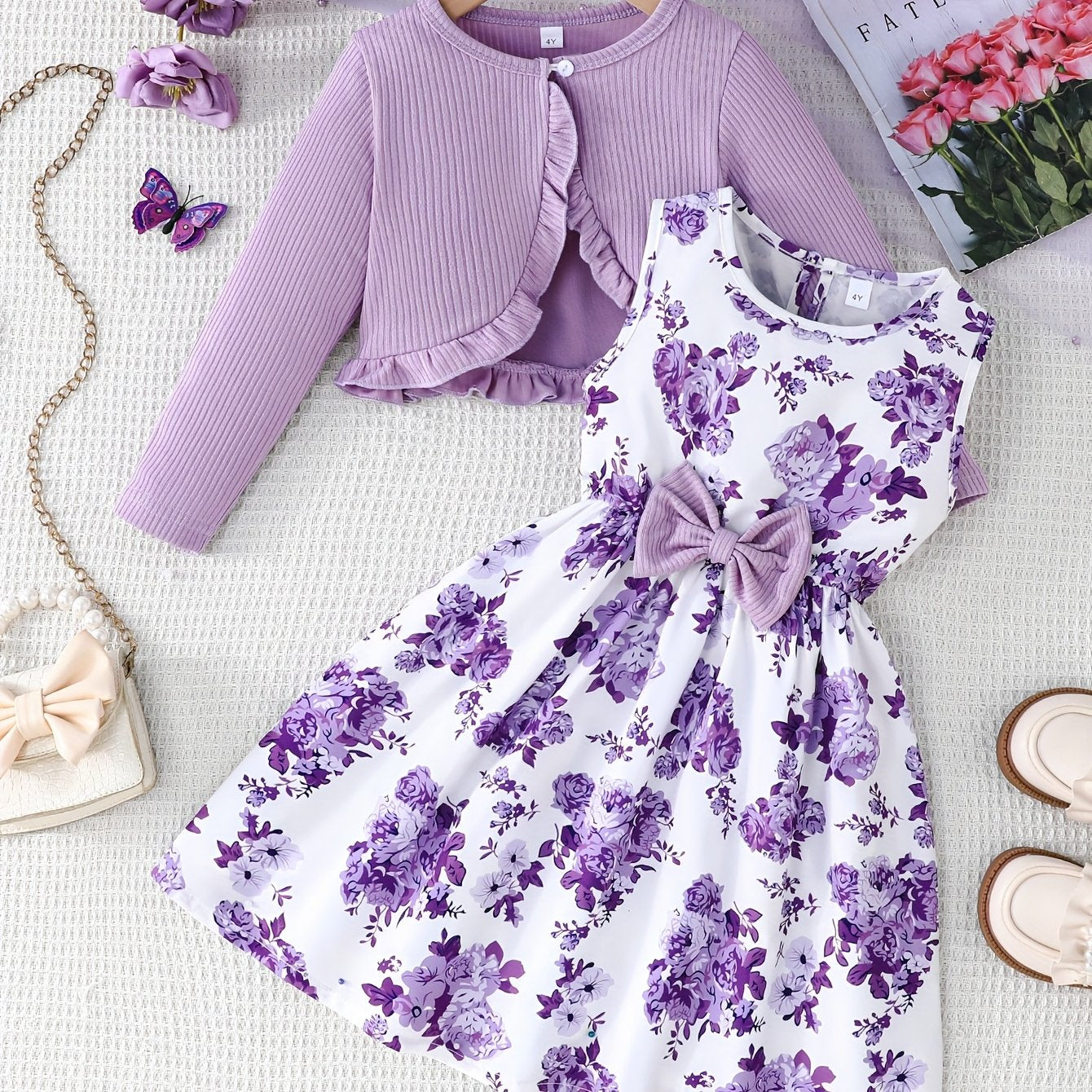 Girls' Floral Sleeveless A-Line Dress Set with Cardigan Polyester Blend Spring Fall Casual