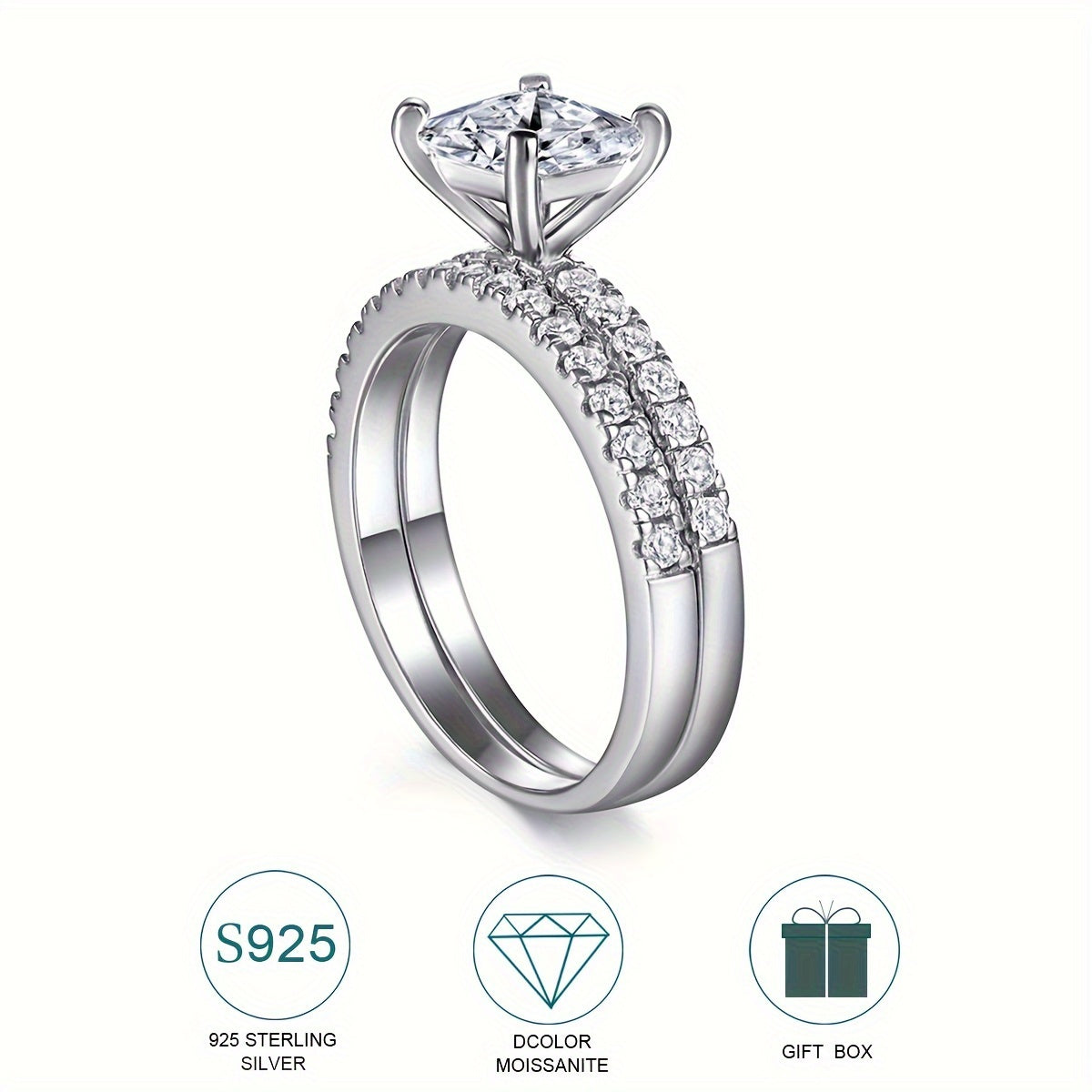 Sterling Silver 1ct Moissanite Square Stacking Ring for Women Engagement Proposal Wedding