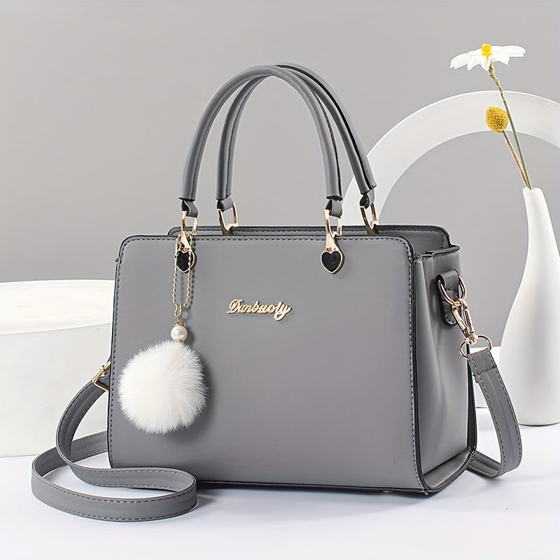 Solid Color Faux Leather Crossbody Handbag with Pompom Charms for Women