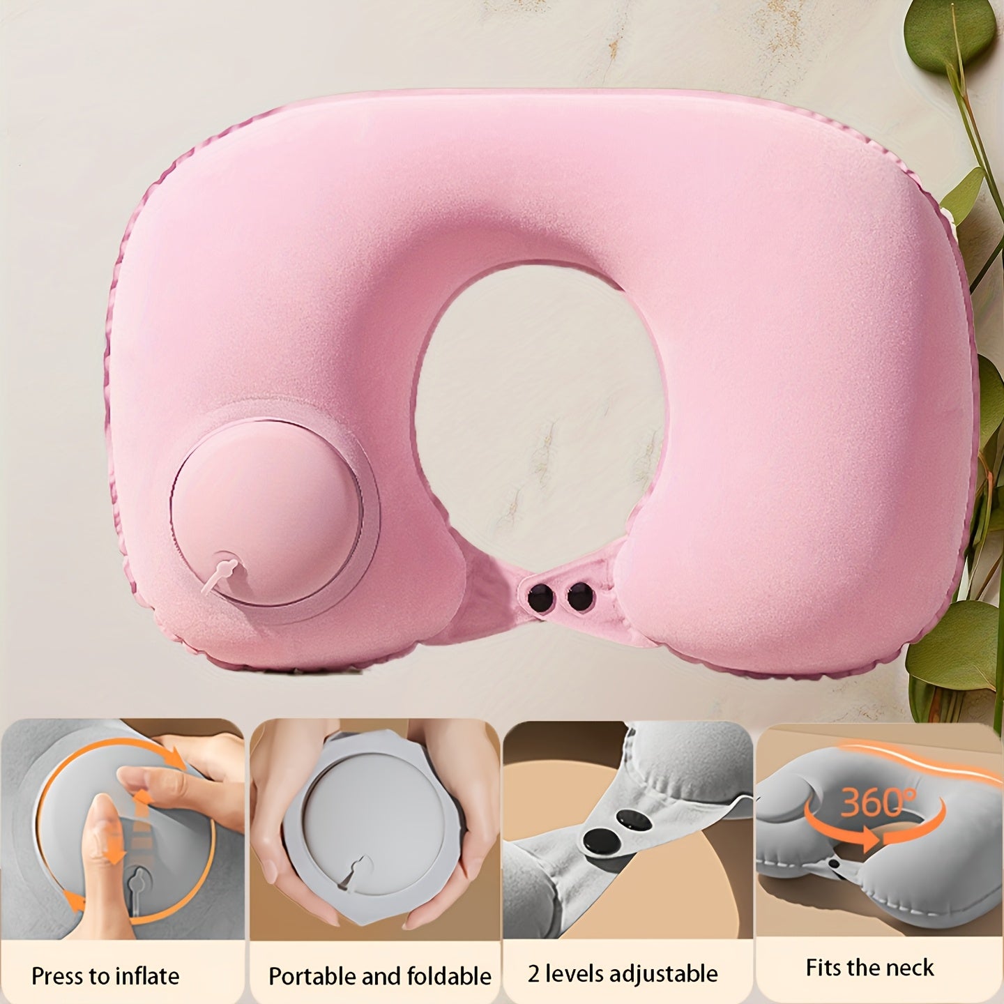 Grey Travel Inflatable U-Shaped Neck Pillow with Adjustable Air Pressure for Travel and Car
