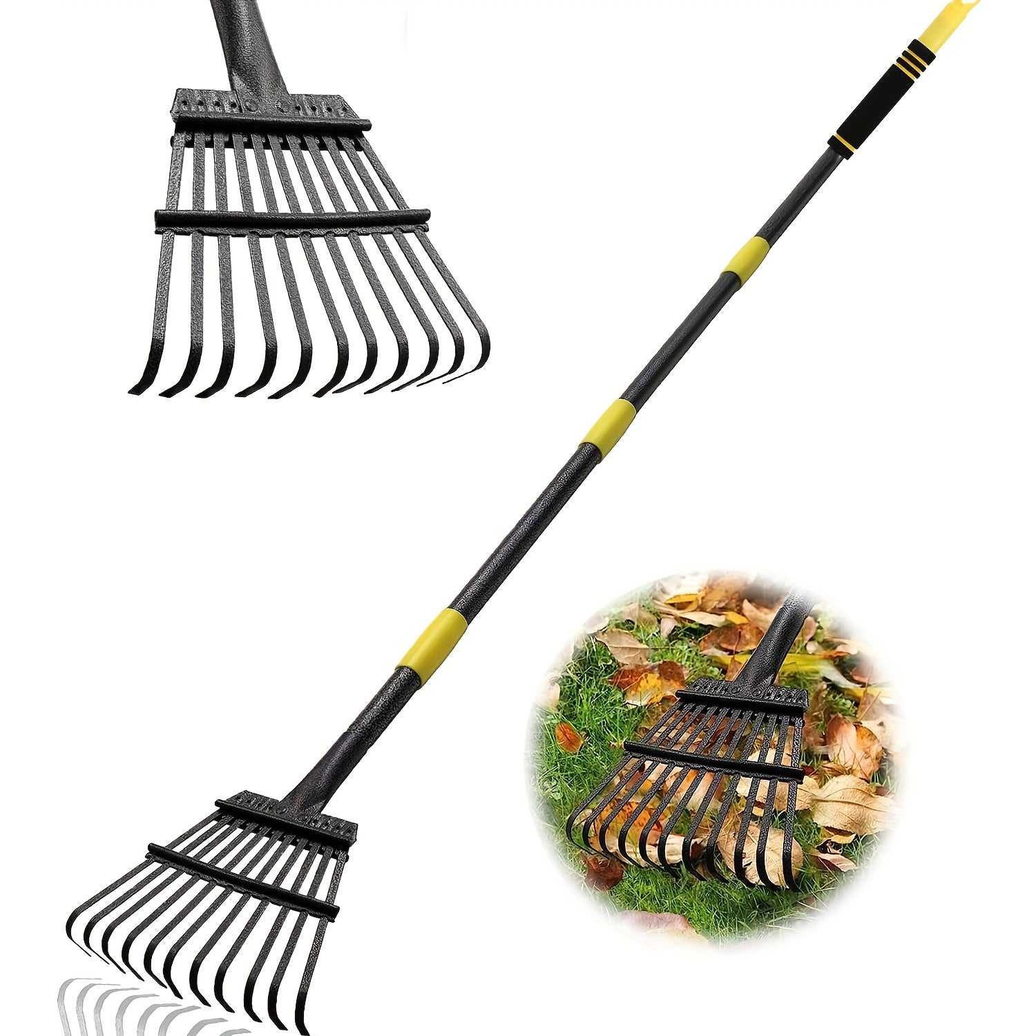 Heavy Duty Garden Leaf Rake 182.88cm with 11 Metal Tines Adjustable Steel Handle