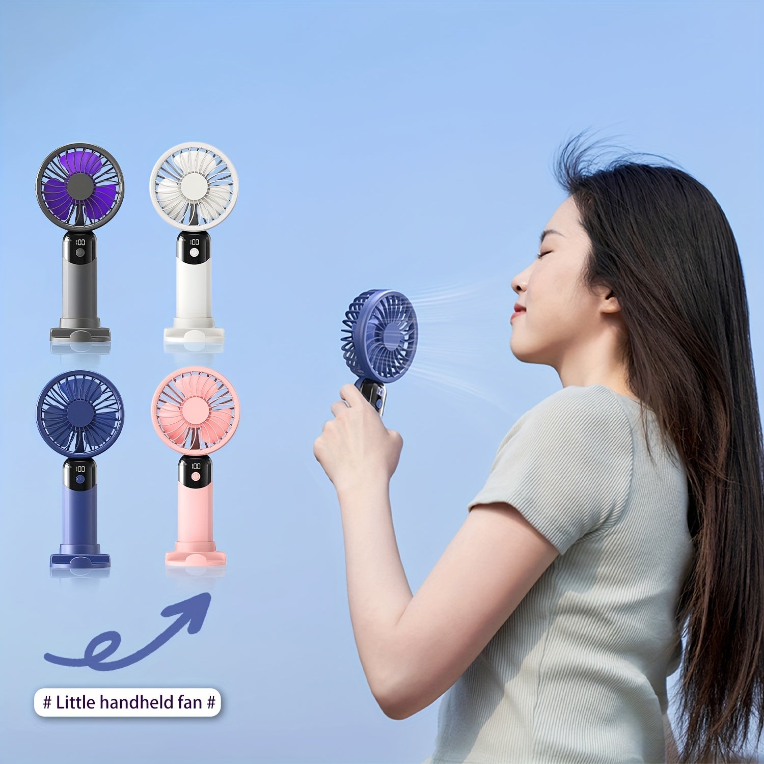 Handheld Fan with LED Display, 6 Speed Settings, Rechargeable Battery, Stable Base Stand for Phone Binge-Watching