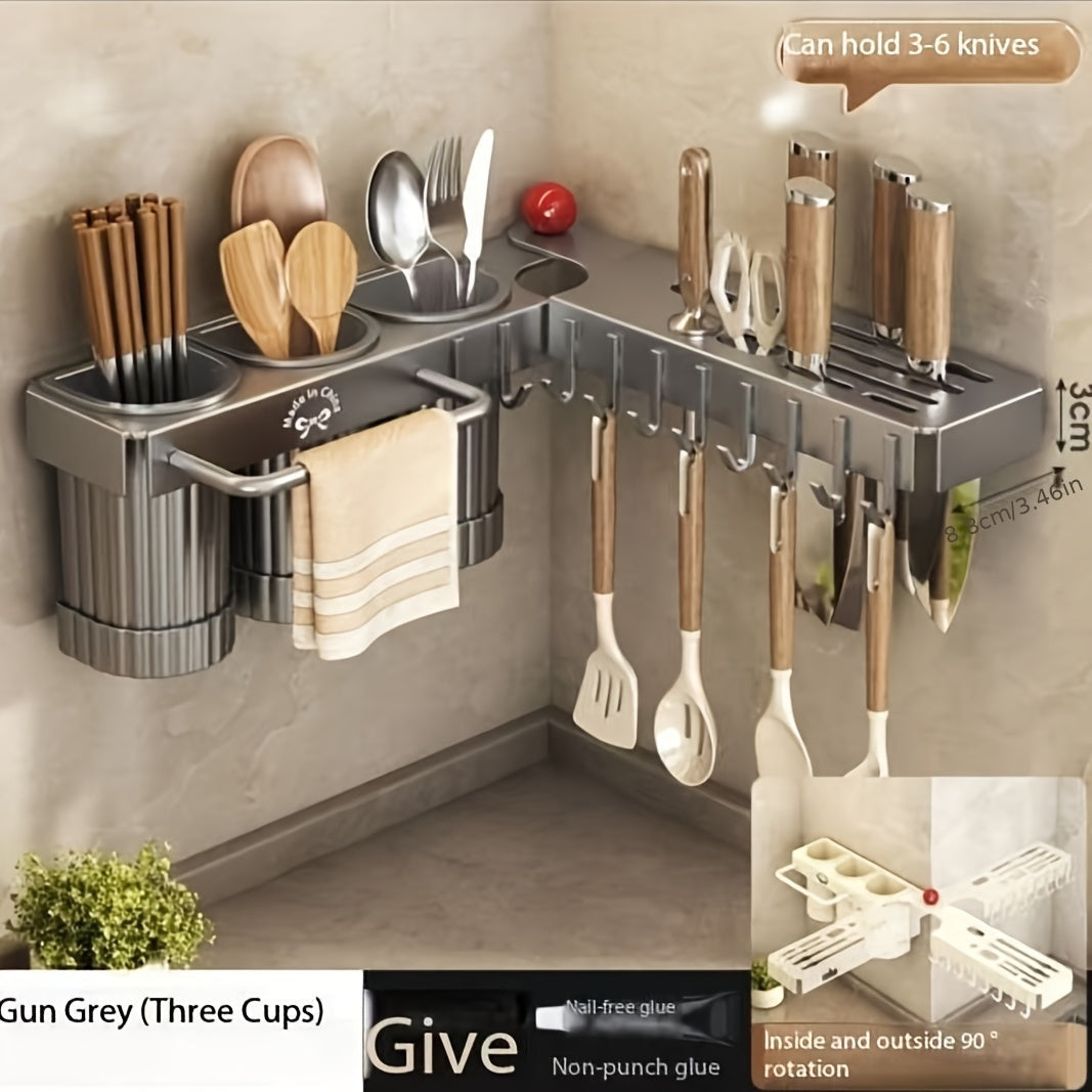 Foldable Corner Kitchen Utensil Holder Wall Mount Organizer with Drain Cups and Towel Bar