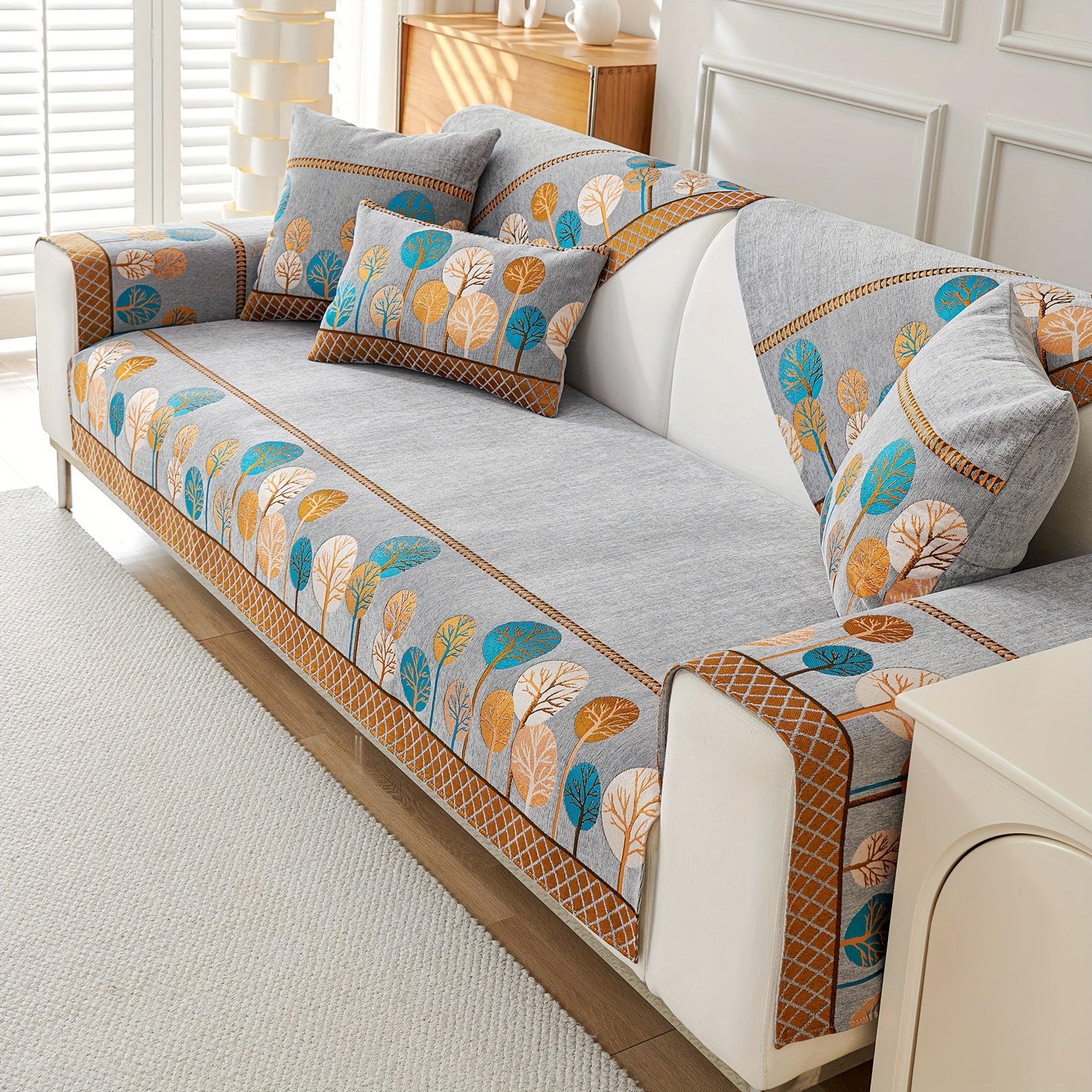 Boho Style Sofa Cushion with Moon and Tree Design Chenille All-Season Pet-Friendly Soft Modern