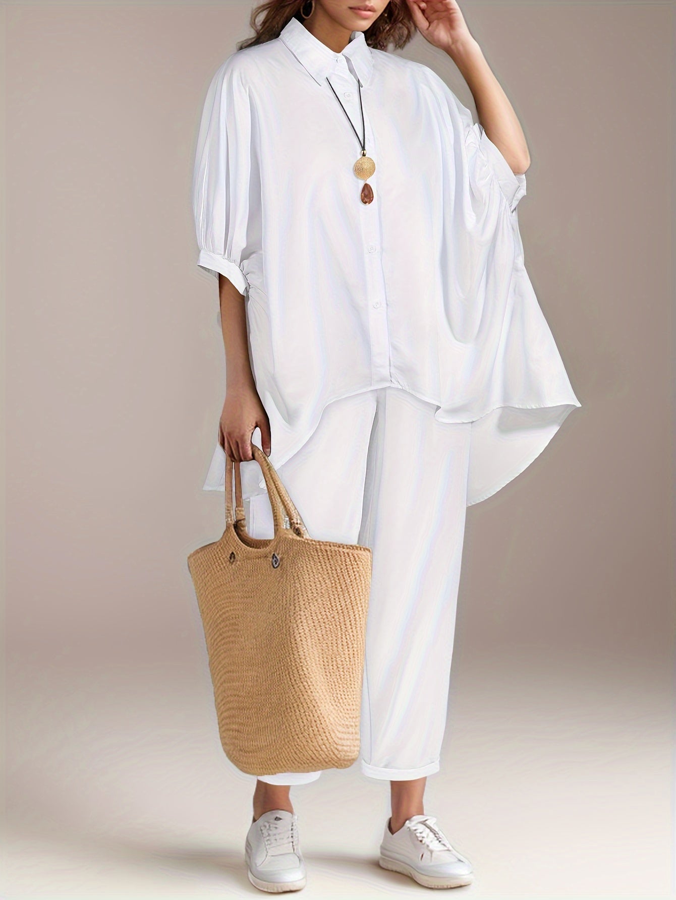 Women's Two-Piece Outfit Solid Color Polyester Casual Harem Pants and Top