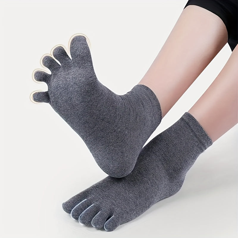 Men's Solid Color Mid-Tube Five-Finger Breathable Cotton Socks 5 or 10 Pairs