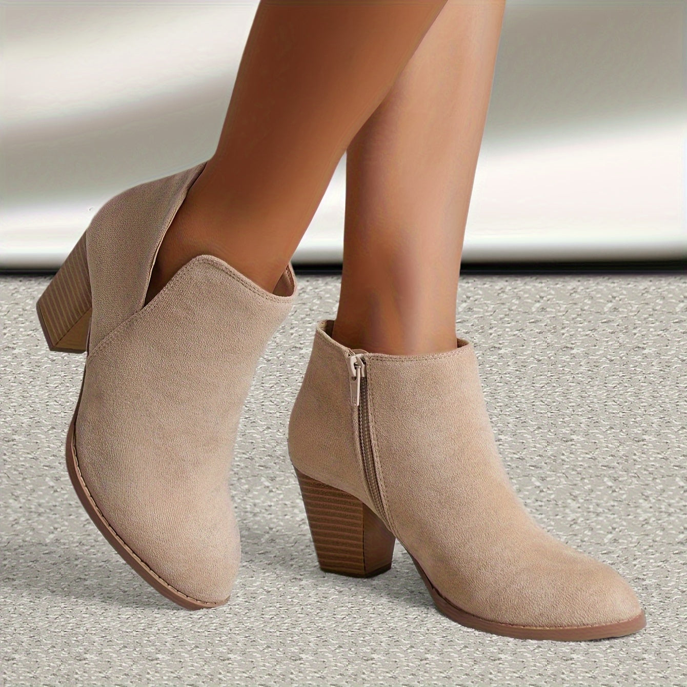 Women's Ankle Boots With Zipper Closure, High Block Heels, PU Lined