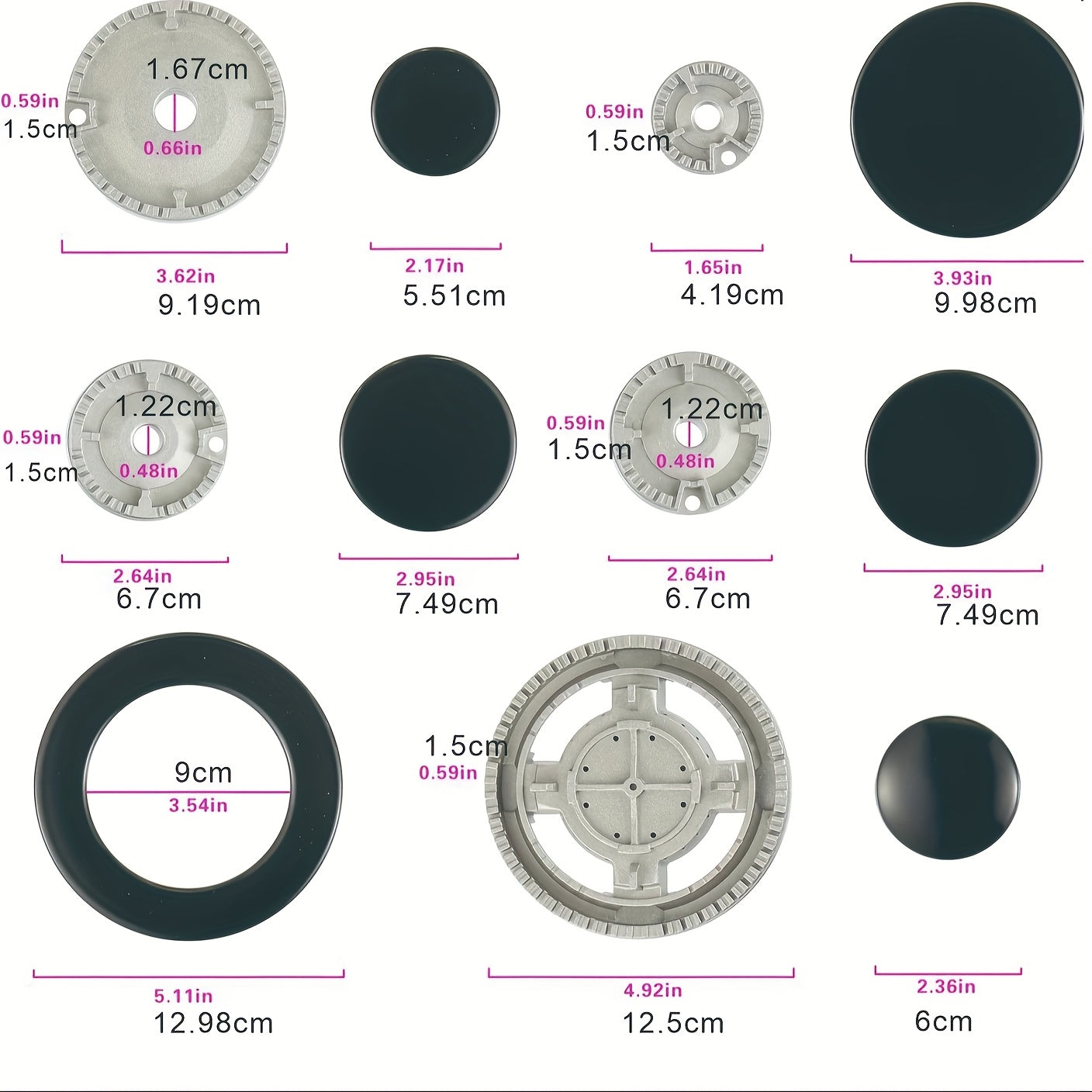 Набор диффузоров пламени для газовой плиты, 5 размеров 130/100/75/75/55 диаметр, 10 штук, чугун, алюминий