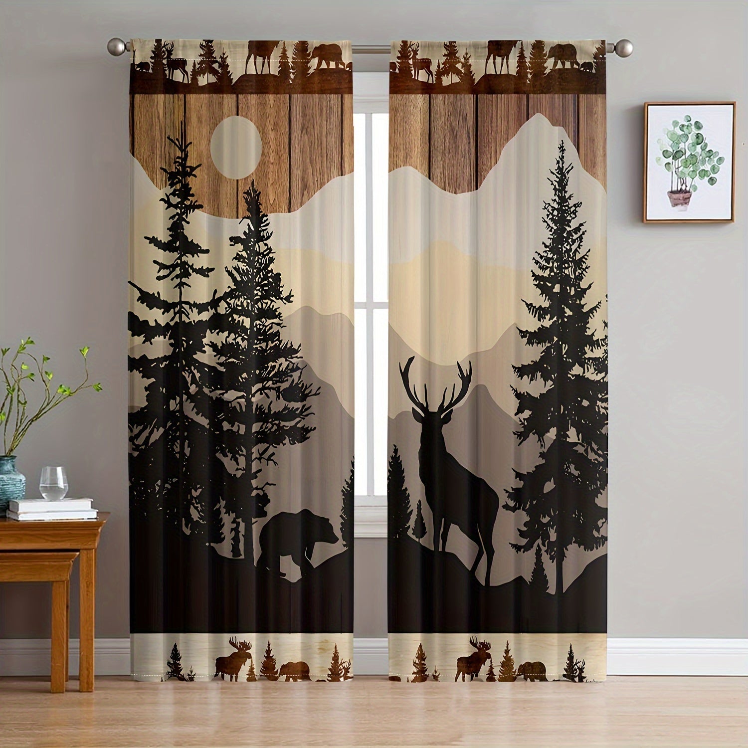 Set of 2 Rustic Forest Animal Curtains Vintage Bear Deer Polyester Fade-Resistant for Living Room Bedroom
