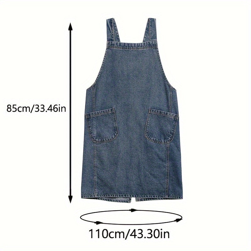 Vintage uslubidagi denim apron, cho'ntaklar bilan, sozlanadigan tasmalari va oshxona va restoran ishlarida foydalanish uchun suv o'tkazmaydigan dizayn.