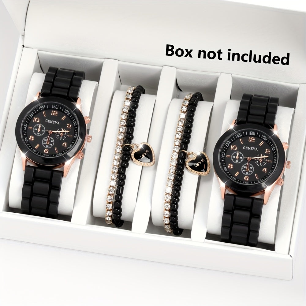 4-Piece Couple Quartz Watch Set with Colorful Love Magnetic Necklace Soft Strap Gift for Valentine's