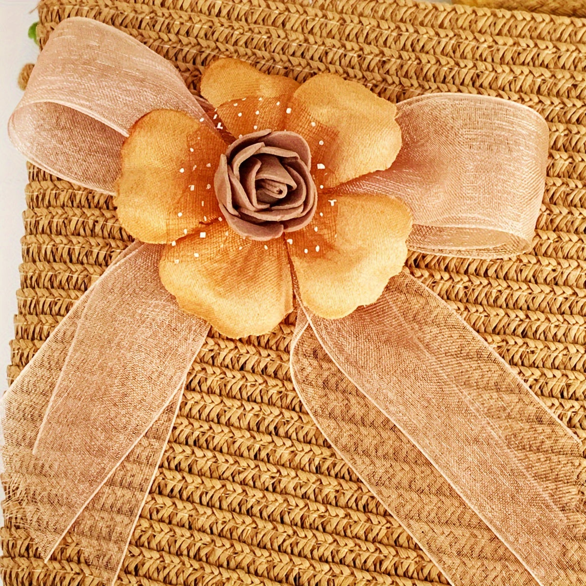 Women's Straw Hat and Pouch Set with Floral Accents for Outdoor and Vacation Use