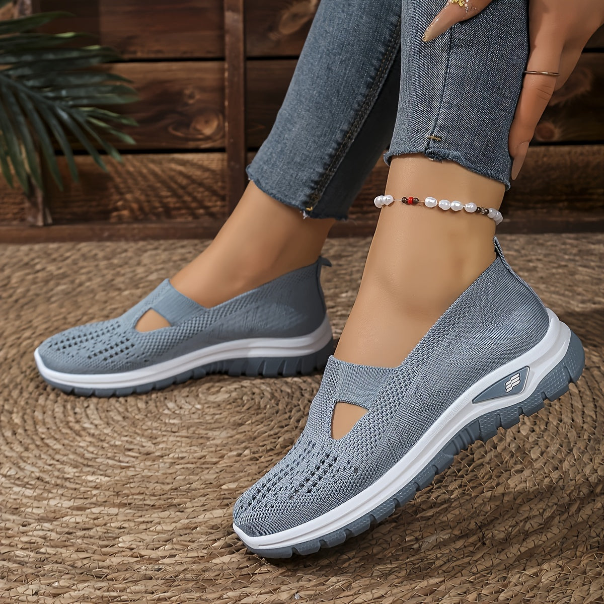Women's Slip-On Sneakers Breathable Light Blue/Black Slip-On Walking Shoes