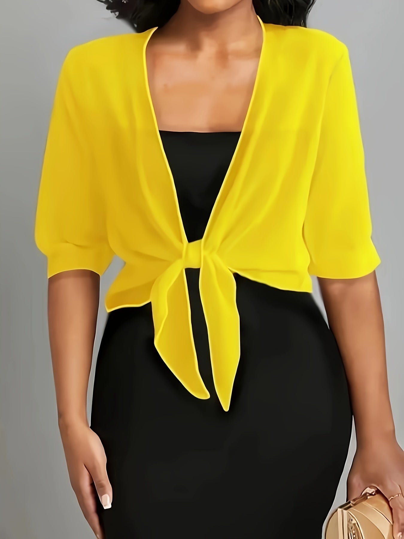 Plus Size Women's Semi-Sheer Tie-Front Blouse Vibrant Yellow Black Long Sleeve Top