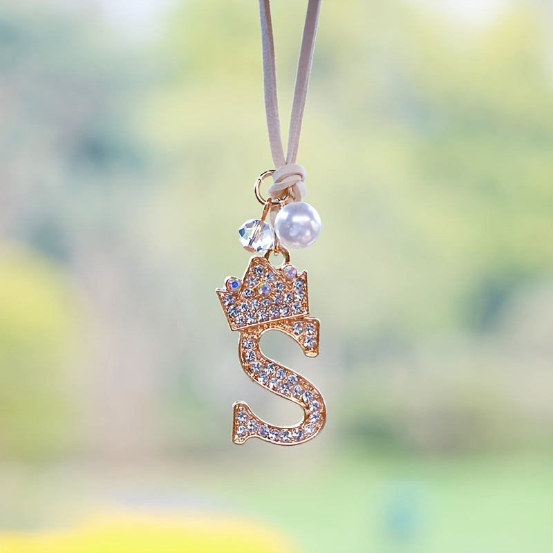 Alphabet Car Mirror Charm Set with Sparkling Crown Pendants for Vehicle Decoration