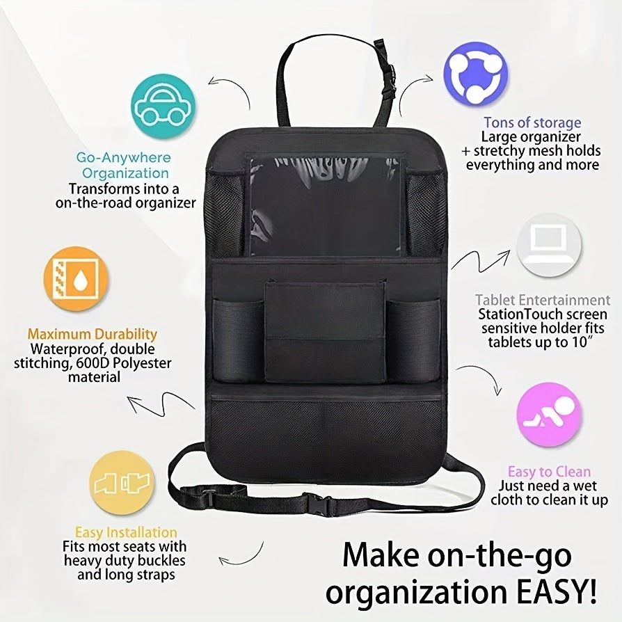 Bir nechta bo'linmalarga ega qora avtomobil tashkilotchisi, o'rindiq orqa qismida saqlash uchun