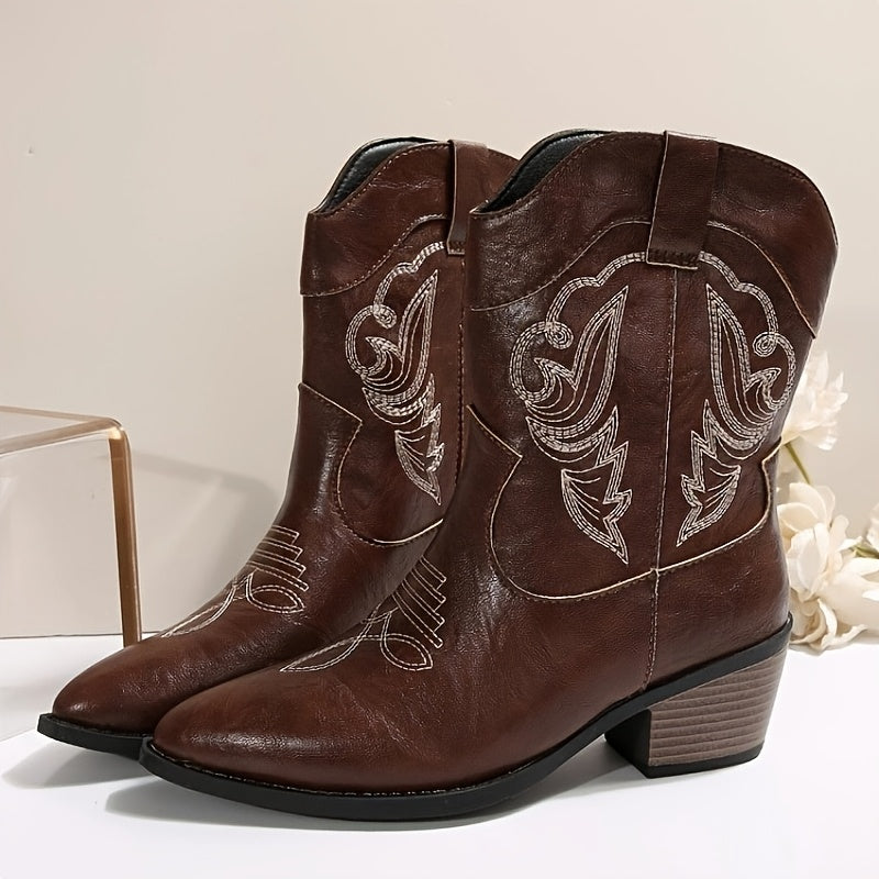 Women's Western Knee-High Cowboy Boots Red Faux Leather Embroidered Pointed Toe