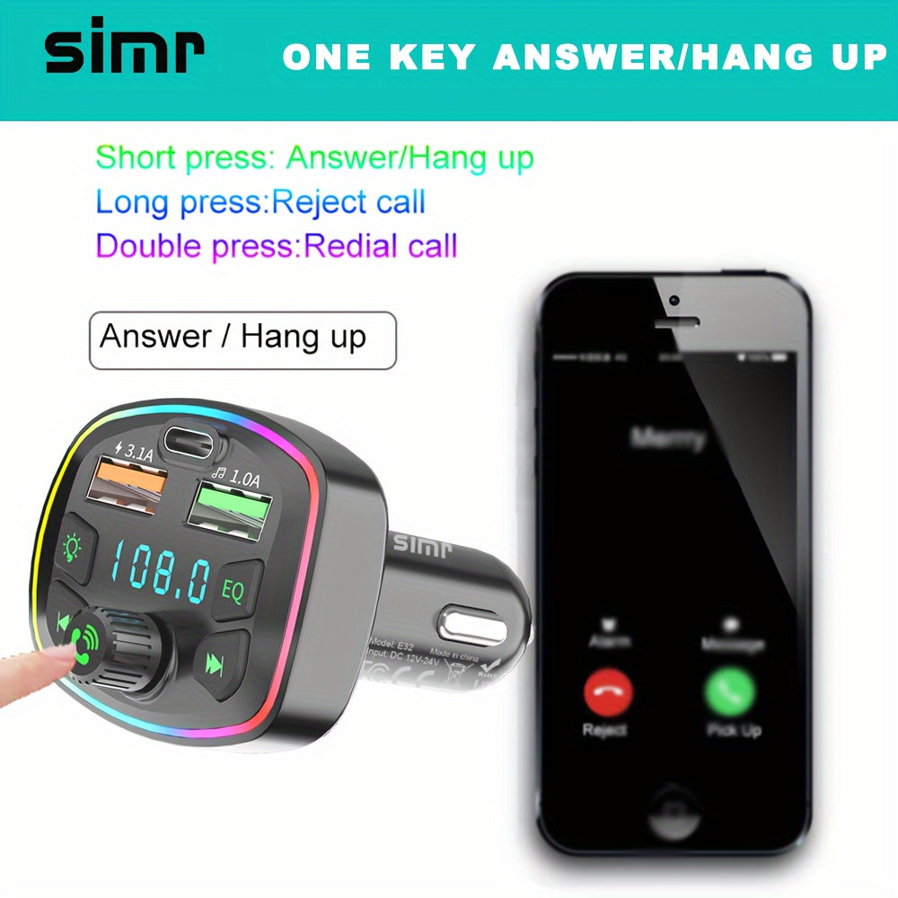 Wireless Car MP3 FM Transmitter Dual USB Type C Charger Ambient Light 12V