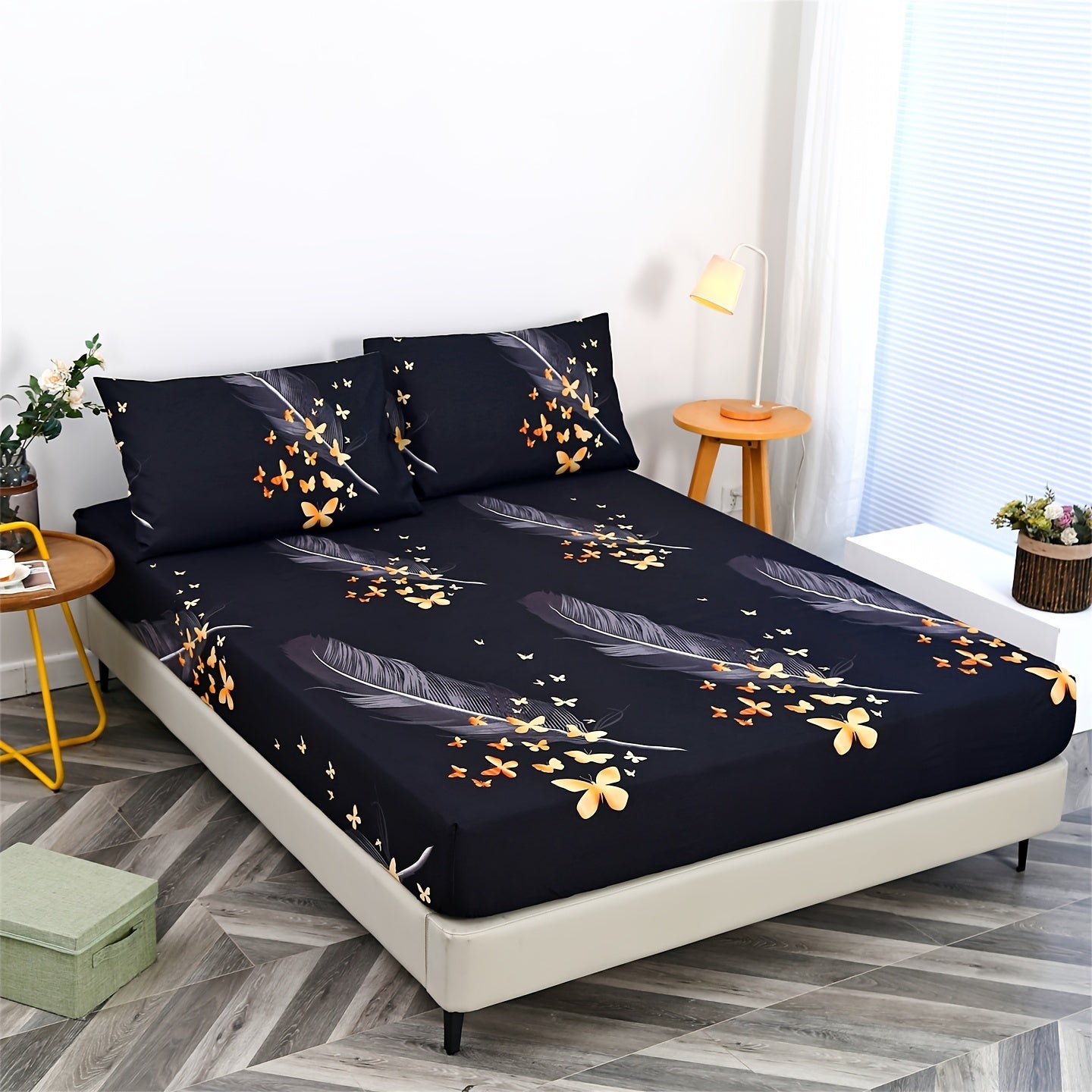 Conjunto de ropa de cama con estrella geométrica y gráfico de líneas, 3 piezas, sábana ajustable y fundas de almohada