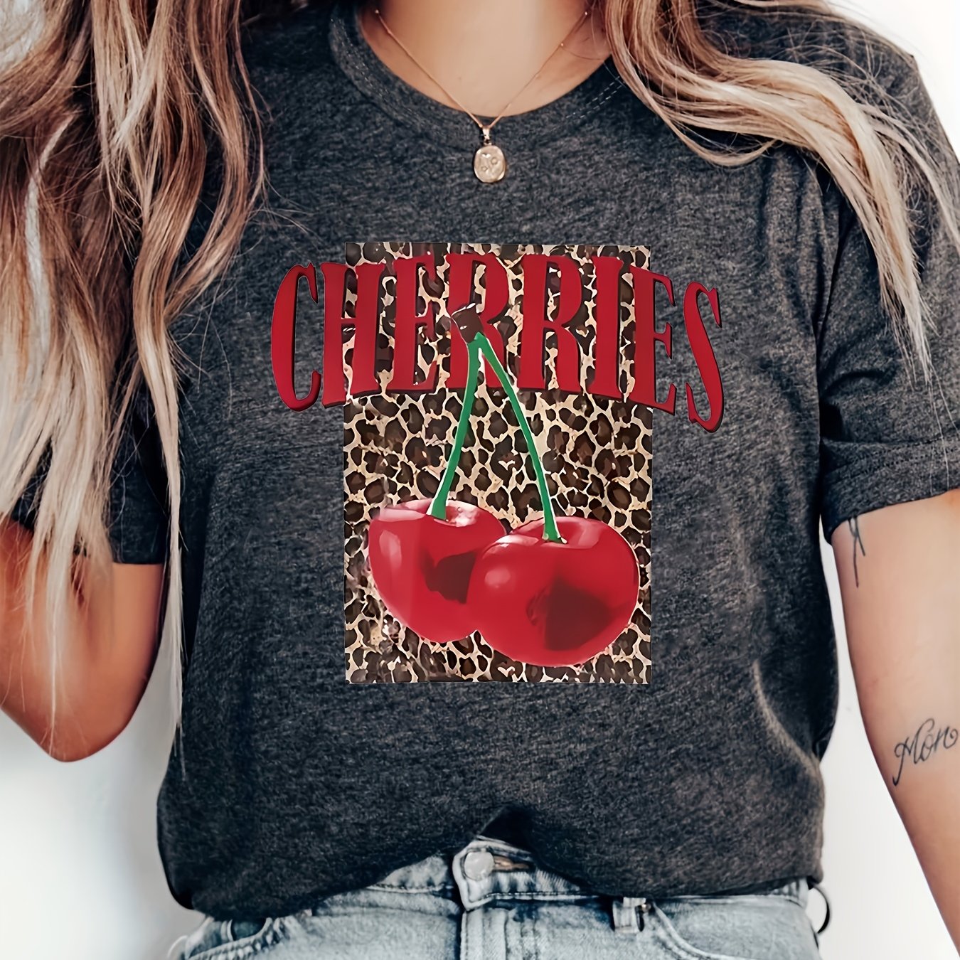 Women's Leopard Print Cherry Letter T-Shirt Grey Short Sleeve Casual Plus Size