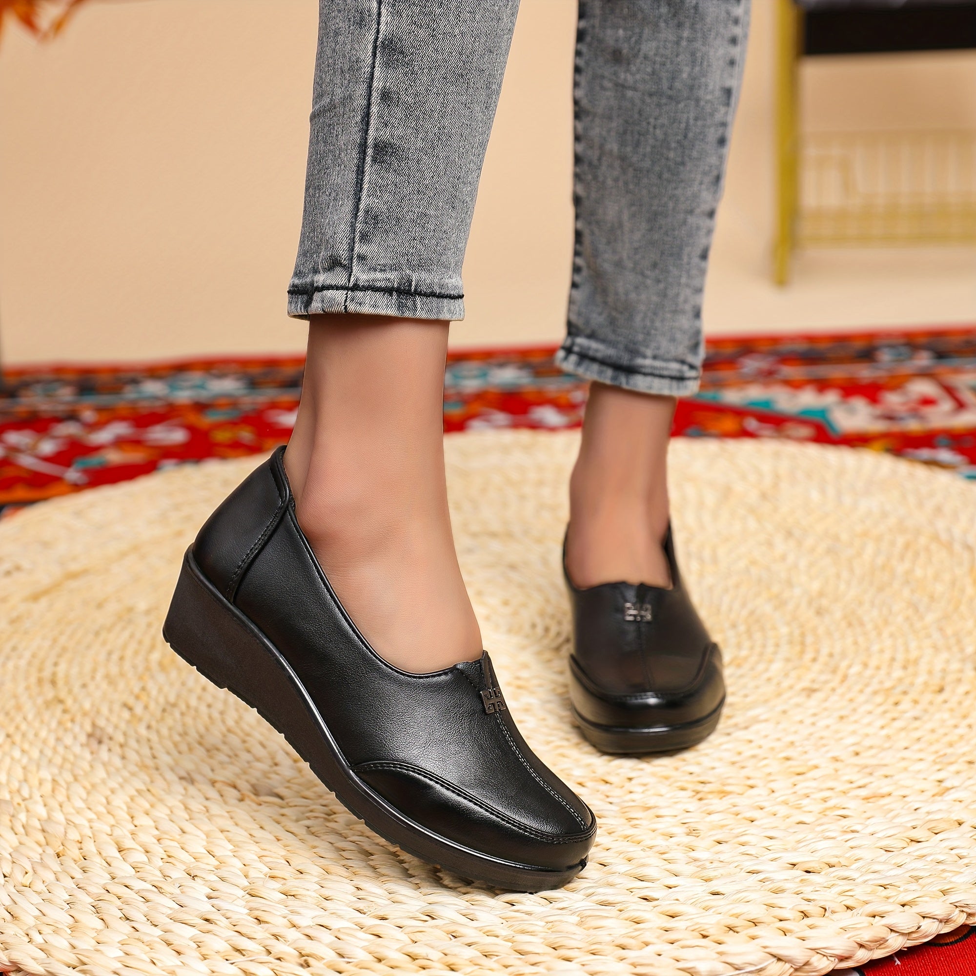 Women's Synthetic Slip-On Loafers with Wedge Heel - Casual Comfortable Flats