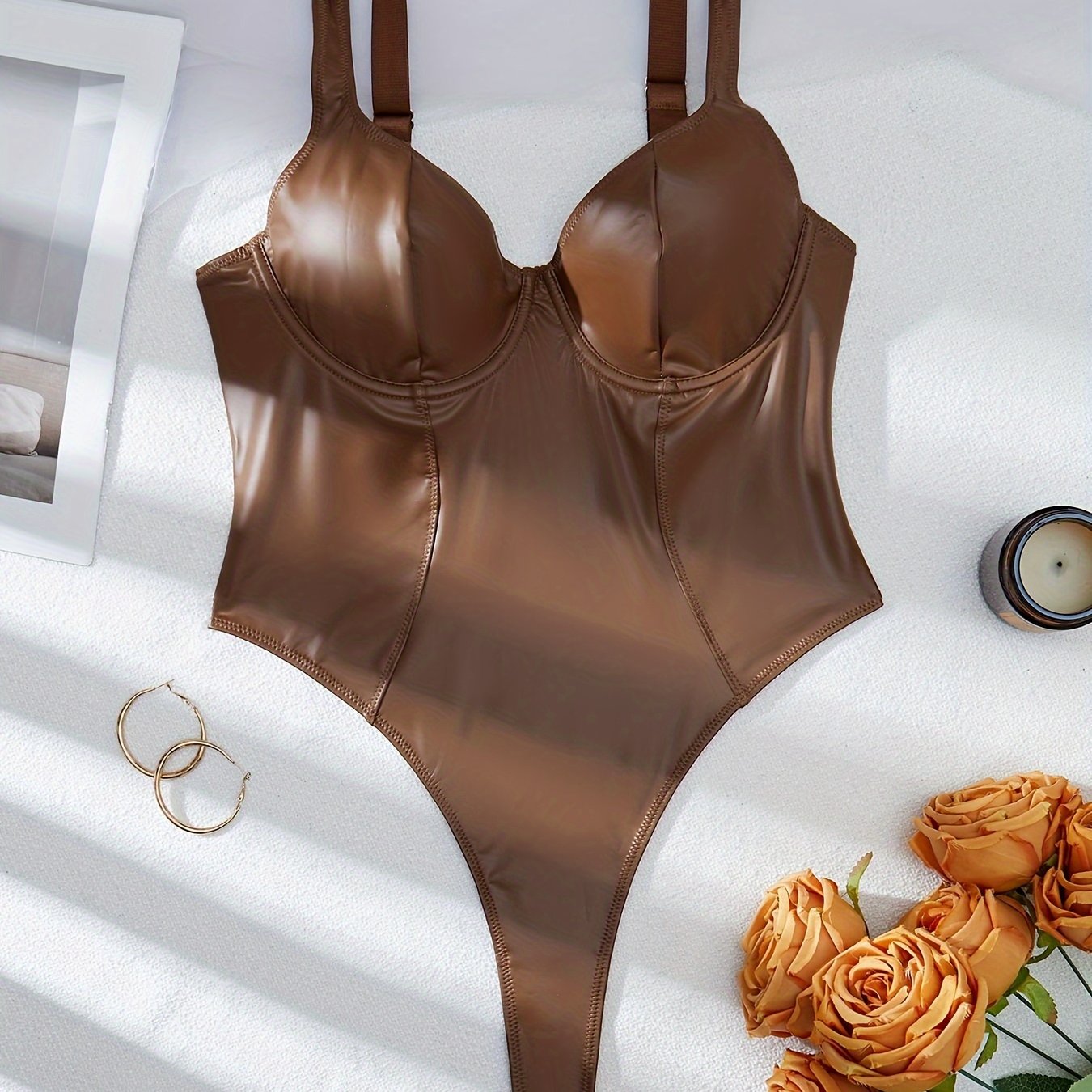 Women's Khaki Deep V Neck Body Suit with Stretch Fabric