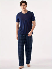 Men's Blue Pajama Set with Short Sleeve Crew Neck Top and Plaid Trousers