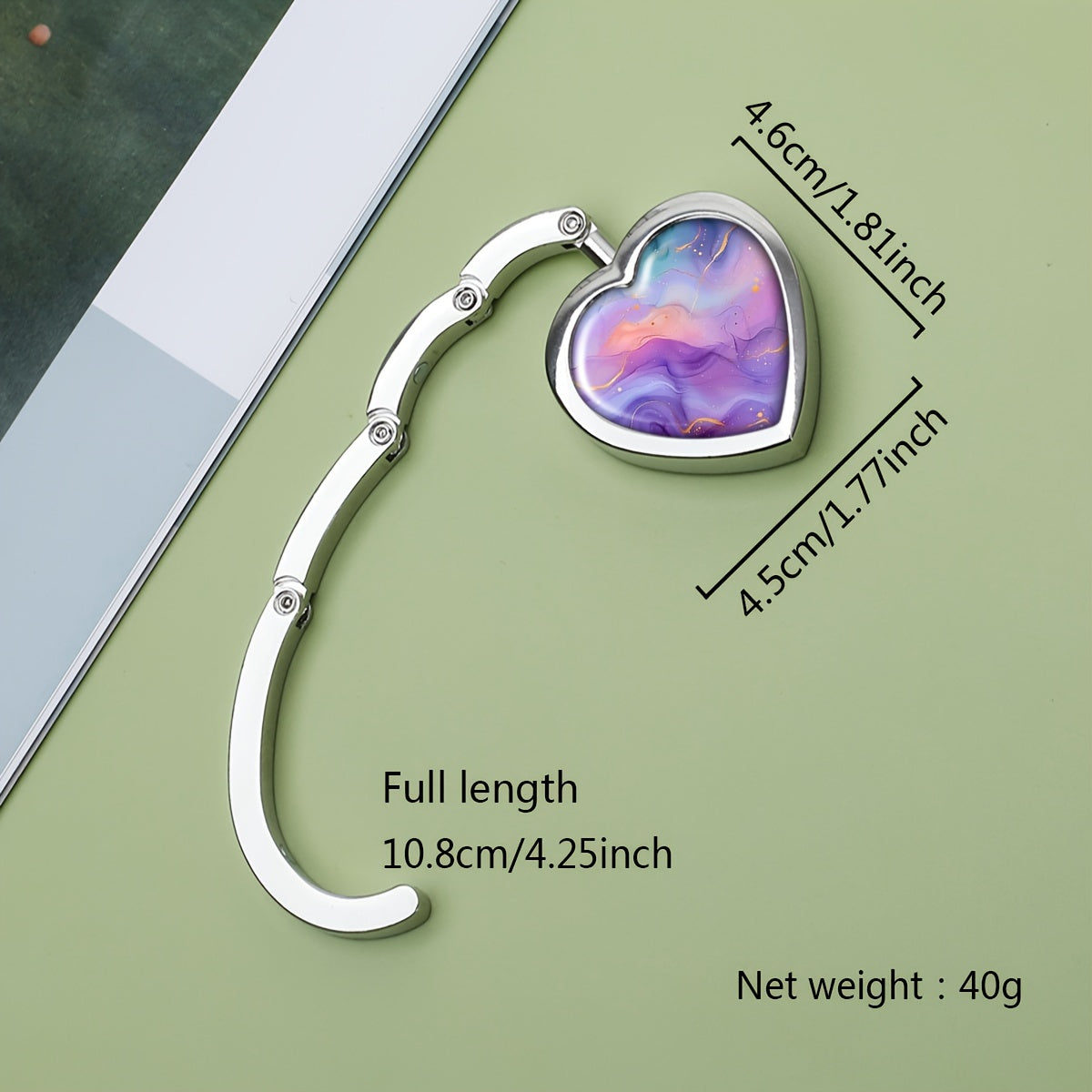 Gancho portátil de metal para bolso con diseño plegable de corazón boho en acuarela púrpura azul rosa