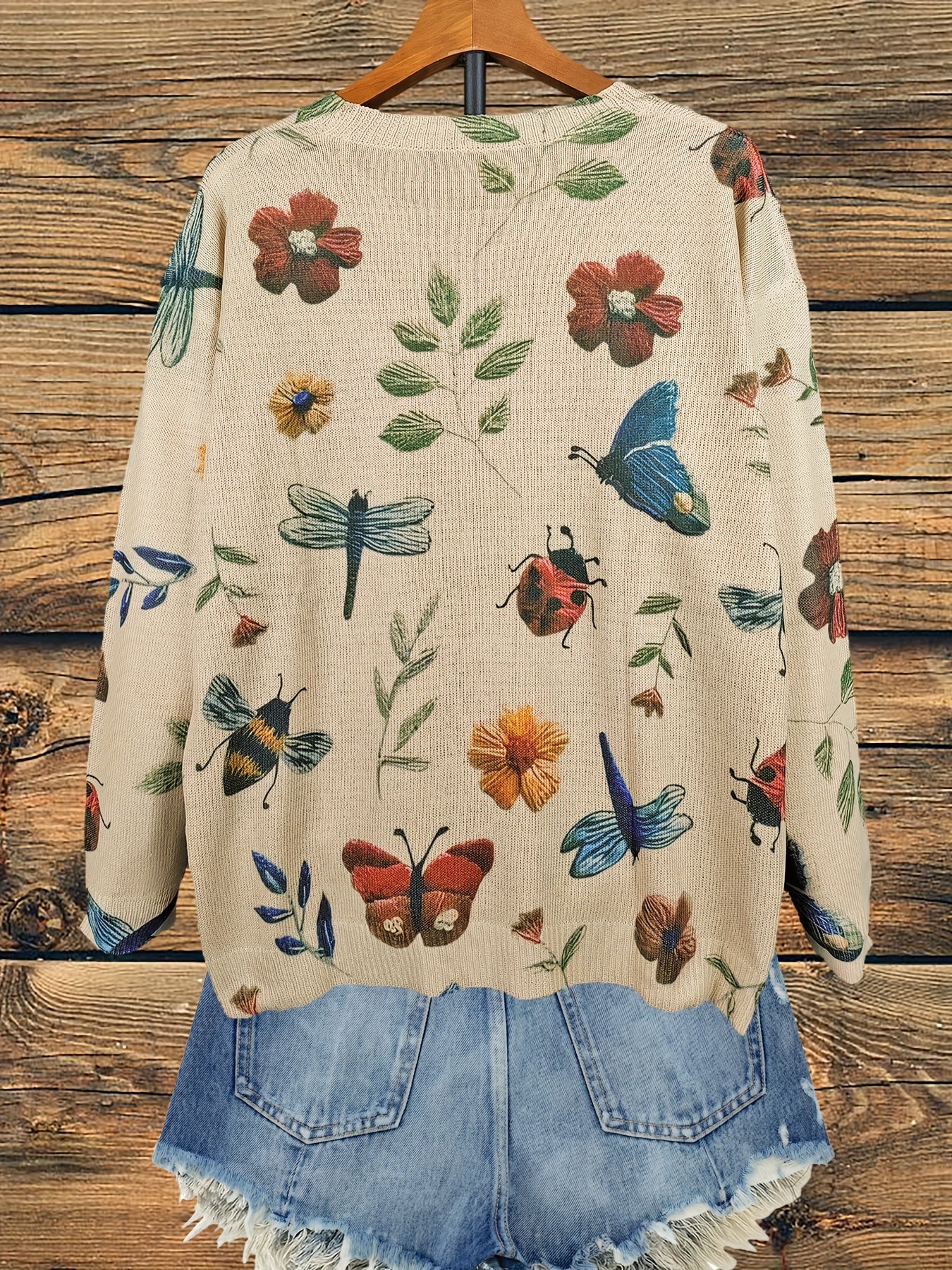 Women's Plus Size Floral Butterfly Pattern Knitted Pullover Crew Neck Long Sleeve Top