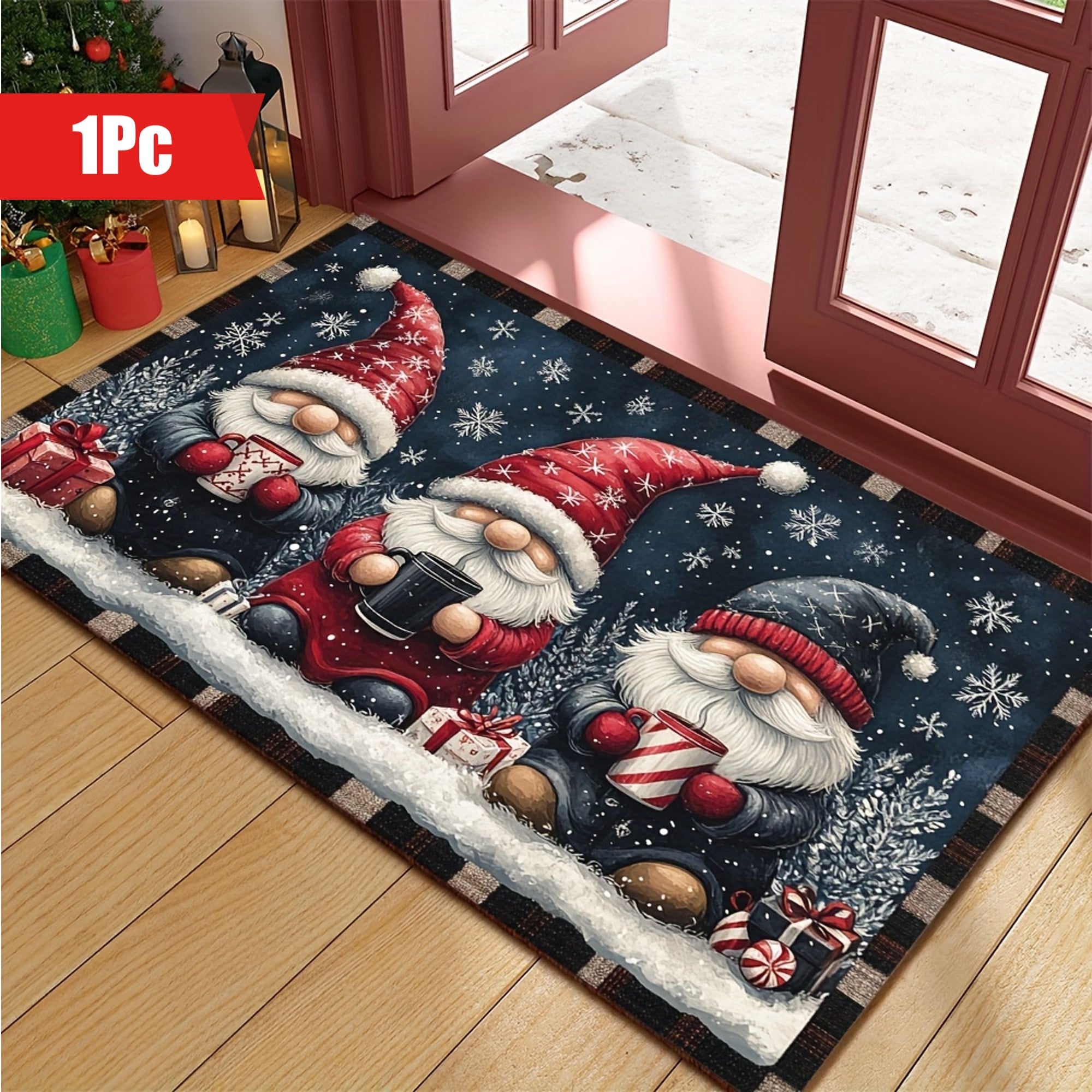 Festive Christmas Gnome Doormat Non-Slip Washable Polyester Rubber Backing