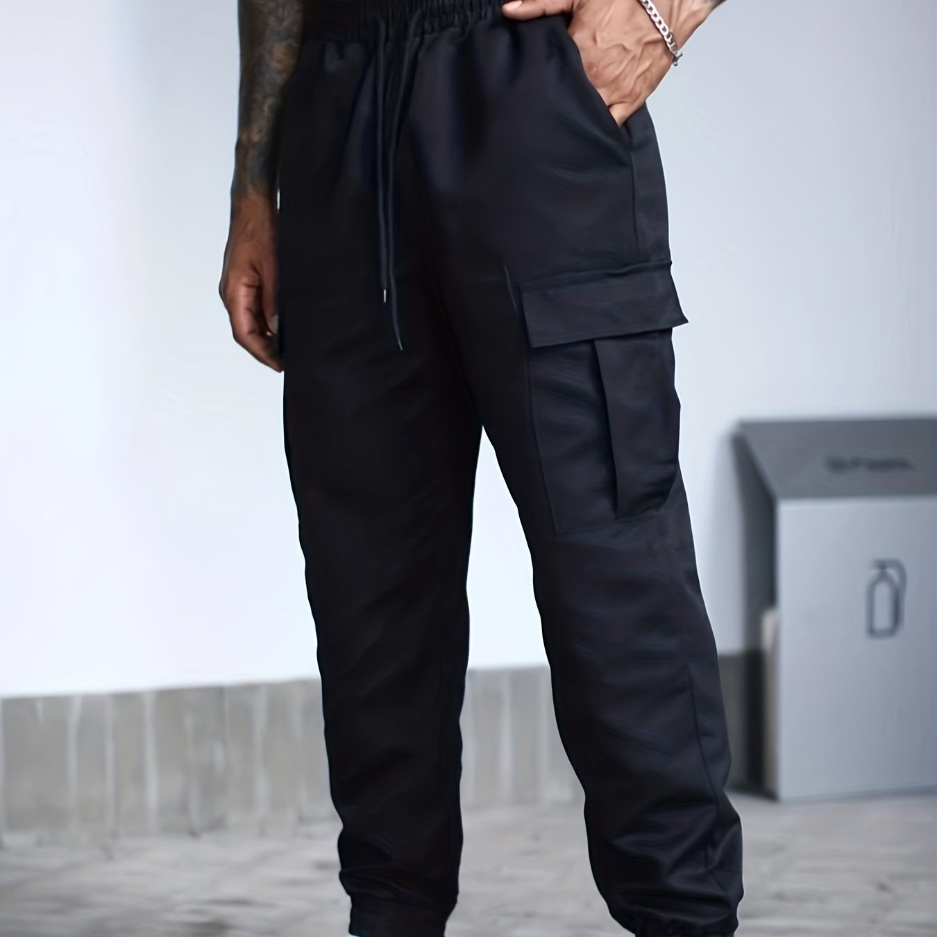 Plus Size Men's Cargo Joggers with Pockets Solid Woven Polyester Casual All-Season